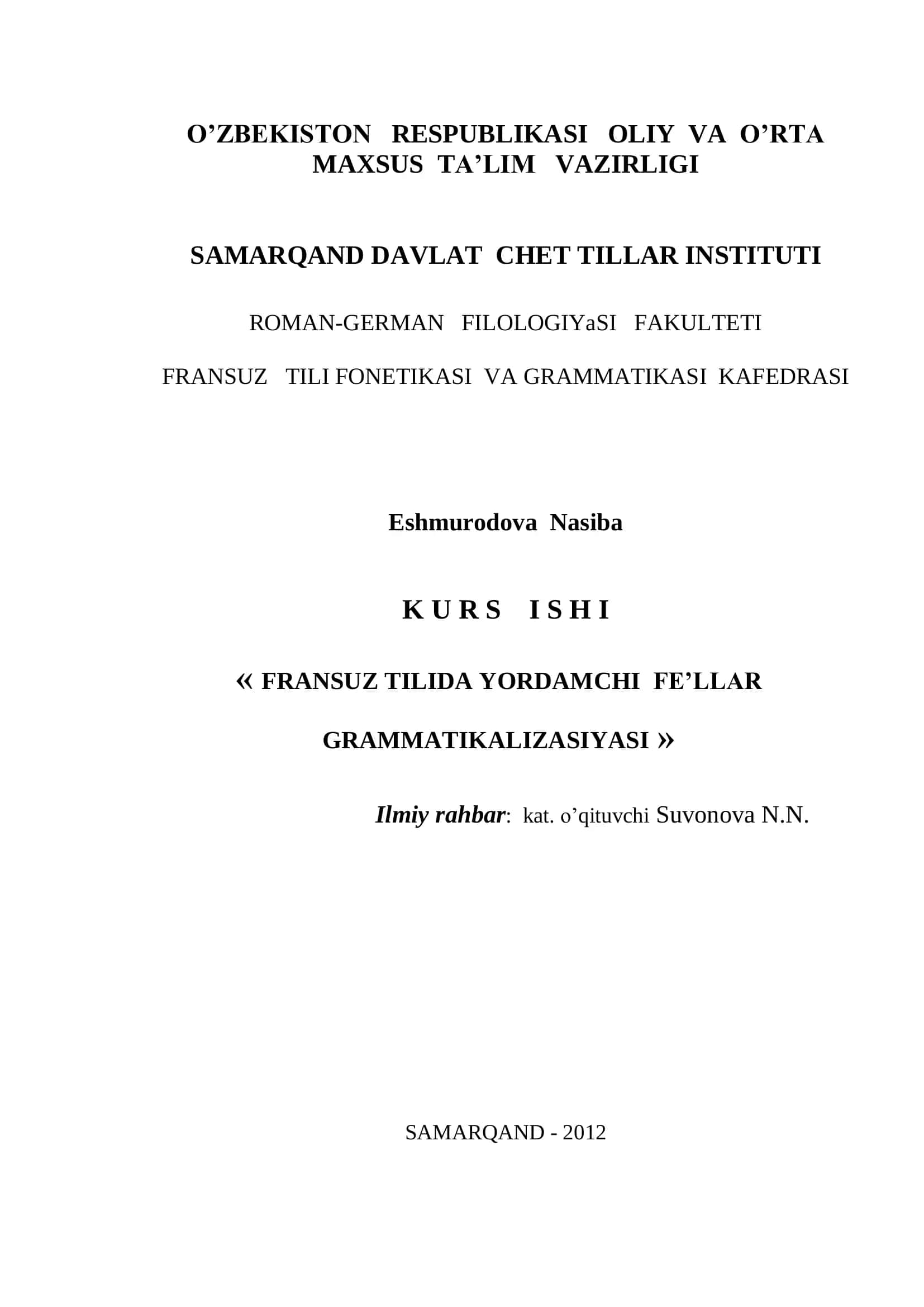 FRANSUZ TILIDA YORDAMCHI FE’LLAR GRAMMATIKALIZASIYASI