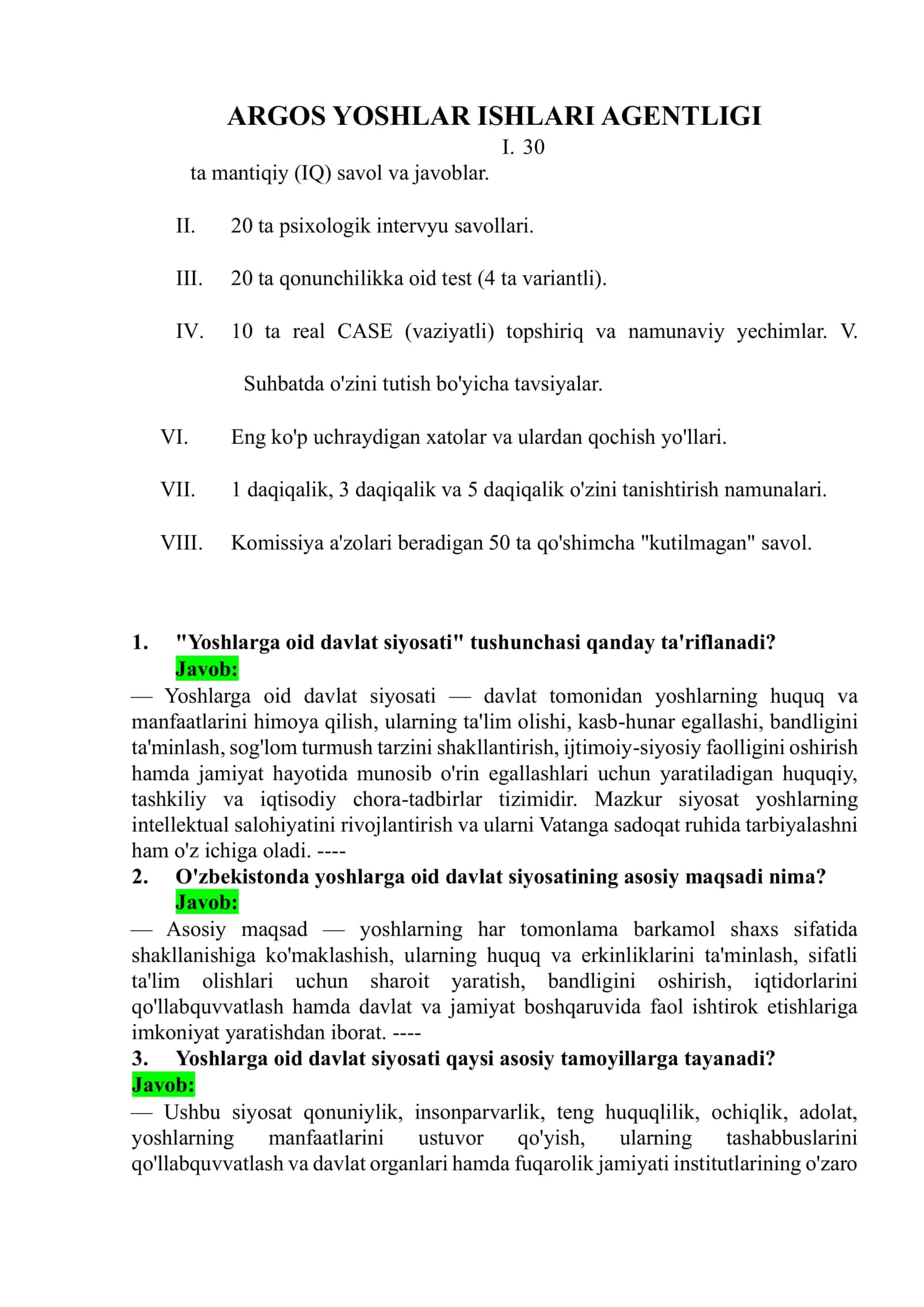 ARGOS YOSHLAR ISHLARI AGENTLIGI tetslar to'plami ORIGINAL 173 ta test javoblari