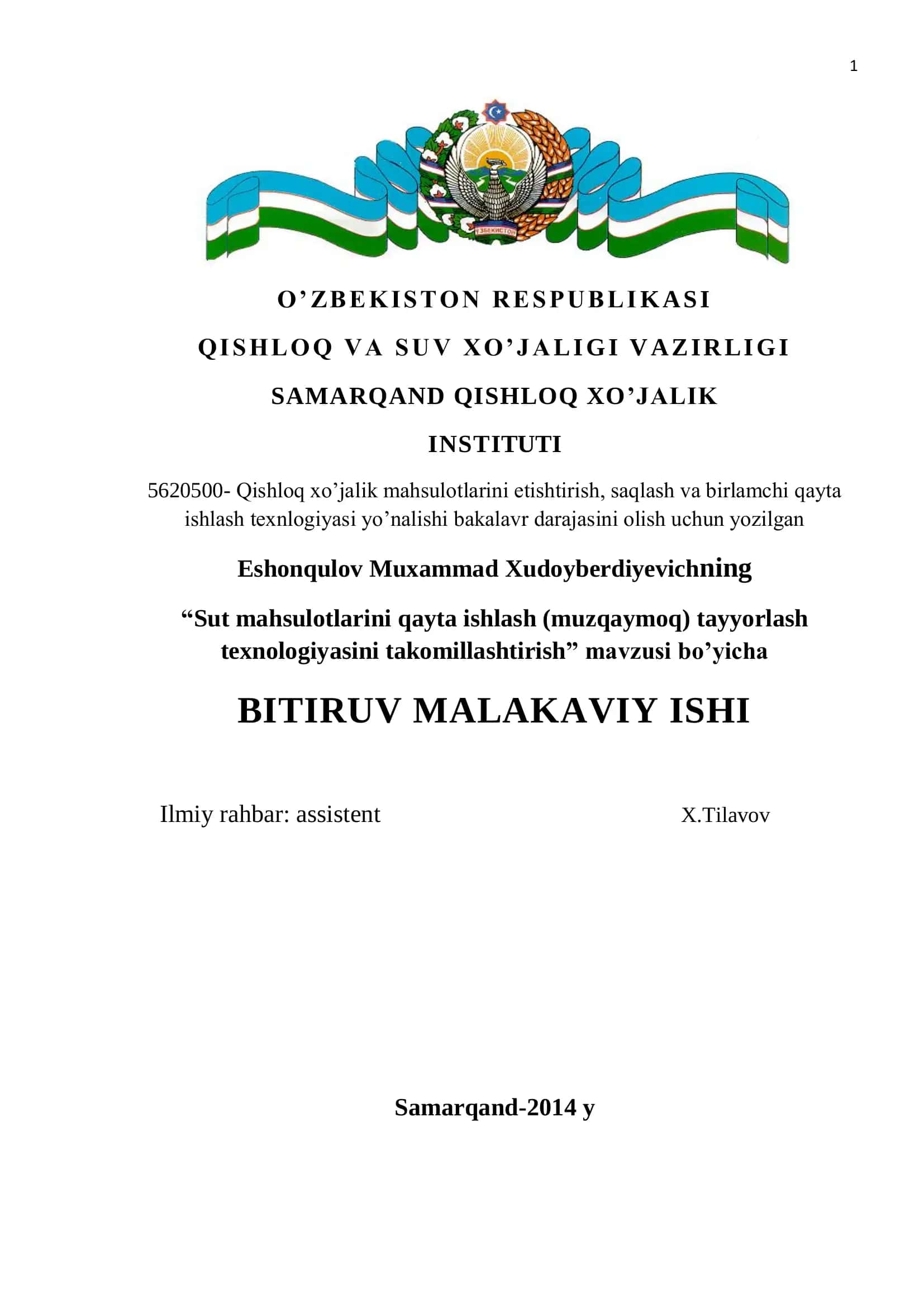 Sut mahsulotlarini qayta ishlash (muzqaymoq) tayyorlash texnologiyasini takomillashtirish