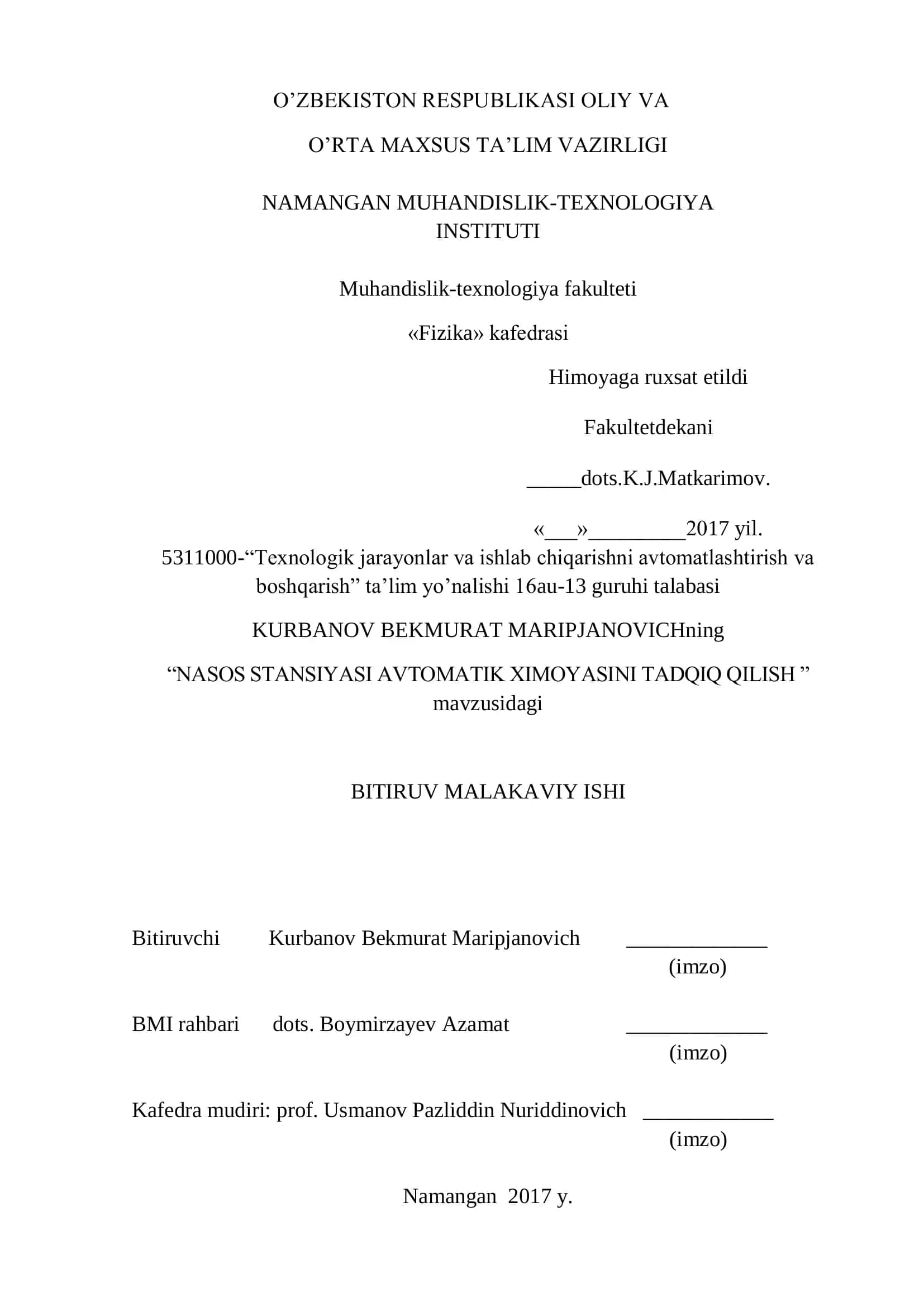 NASOS STANSIYASI AVTOMATIK XIMOYASINI TADQIQ QILISH