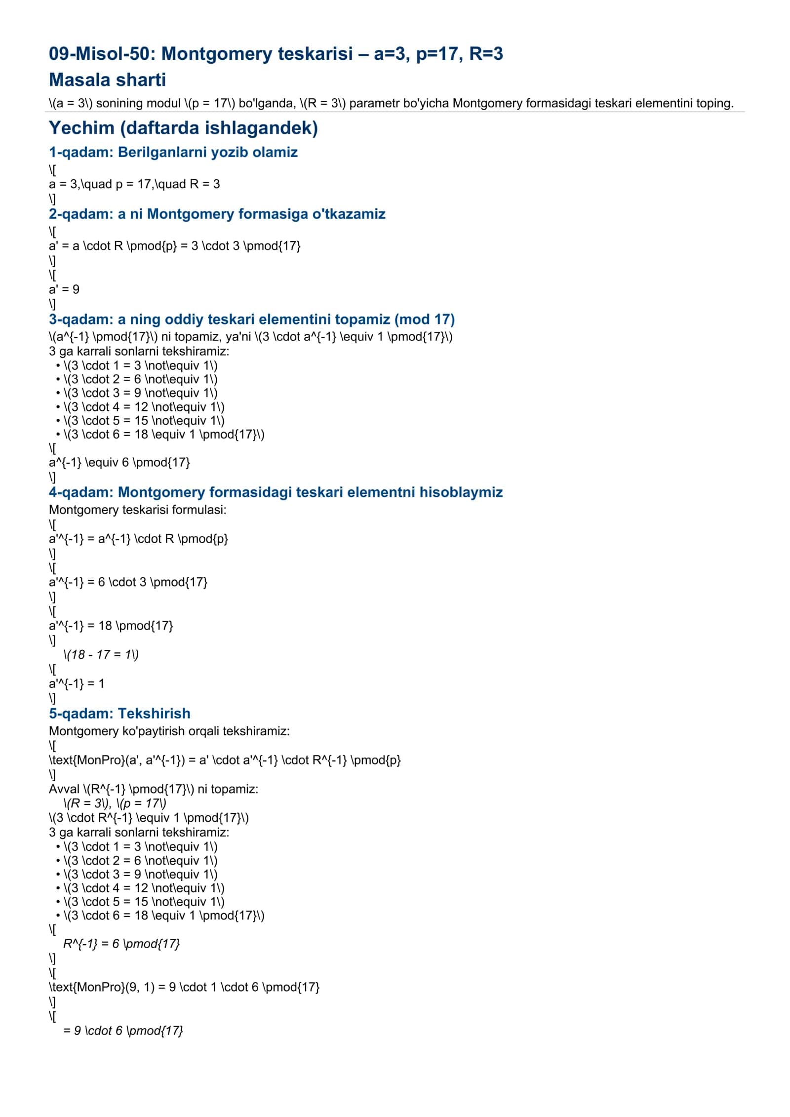 09-Misol-50: Montgomery teskarisi – a=3, p=17, R=3