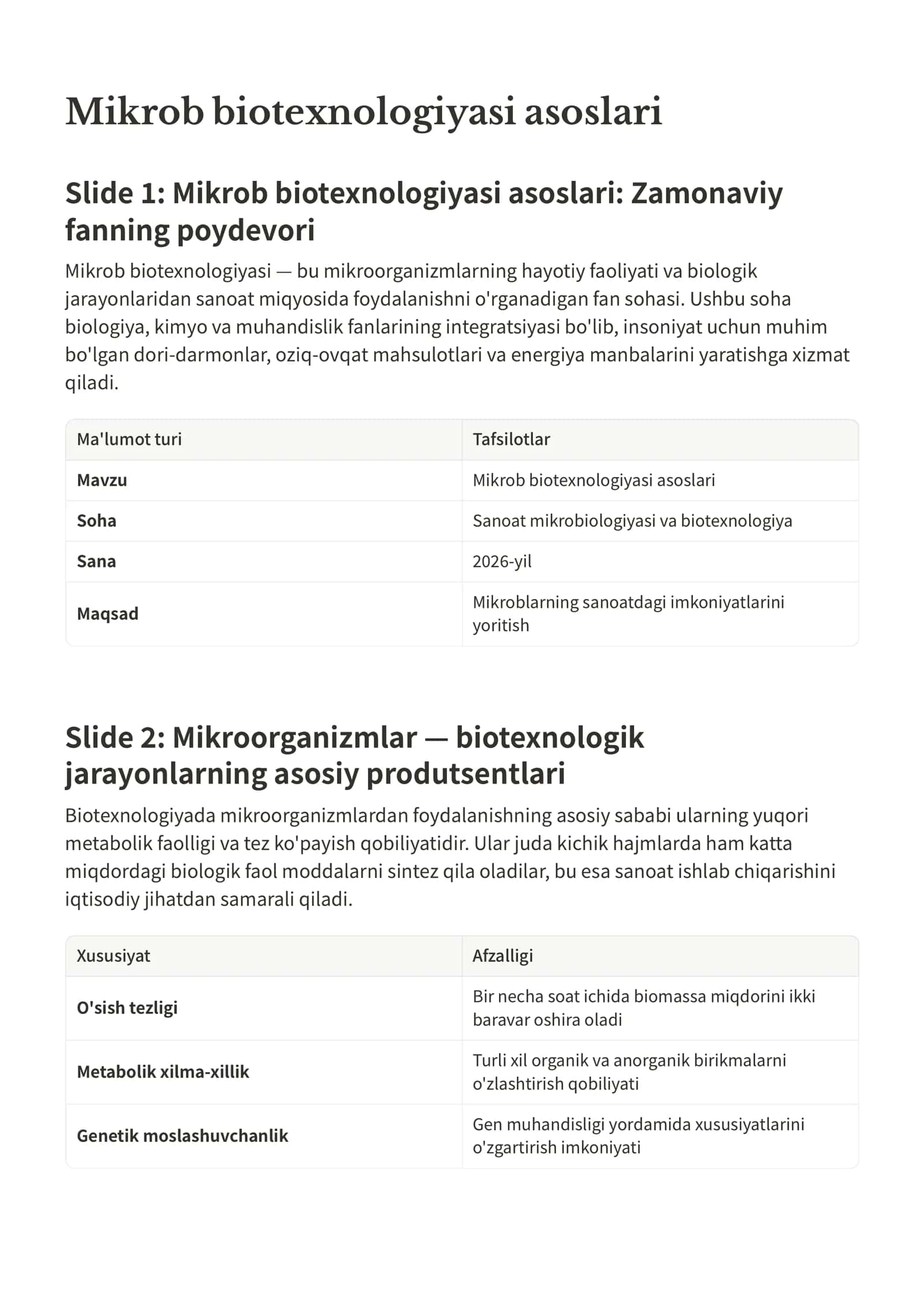 Mikrob biotexnologiyasi asoslari