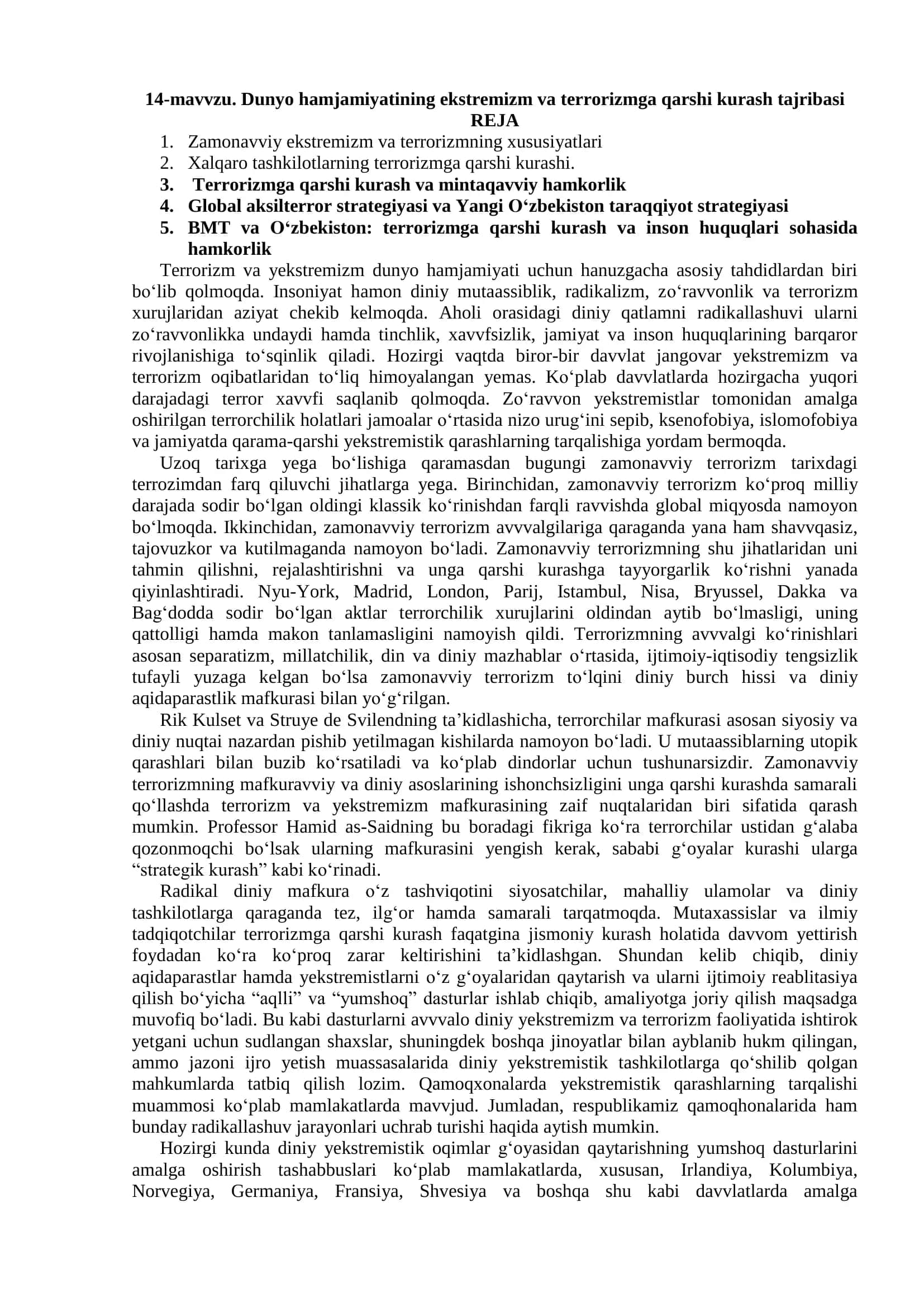 Dunyo hamjamiyatining ekstremizm va terrorizmga qarshi kurash tajribasi