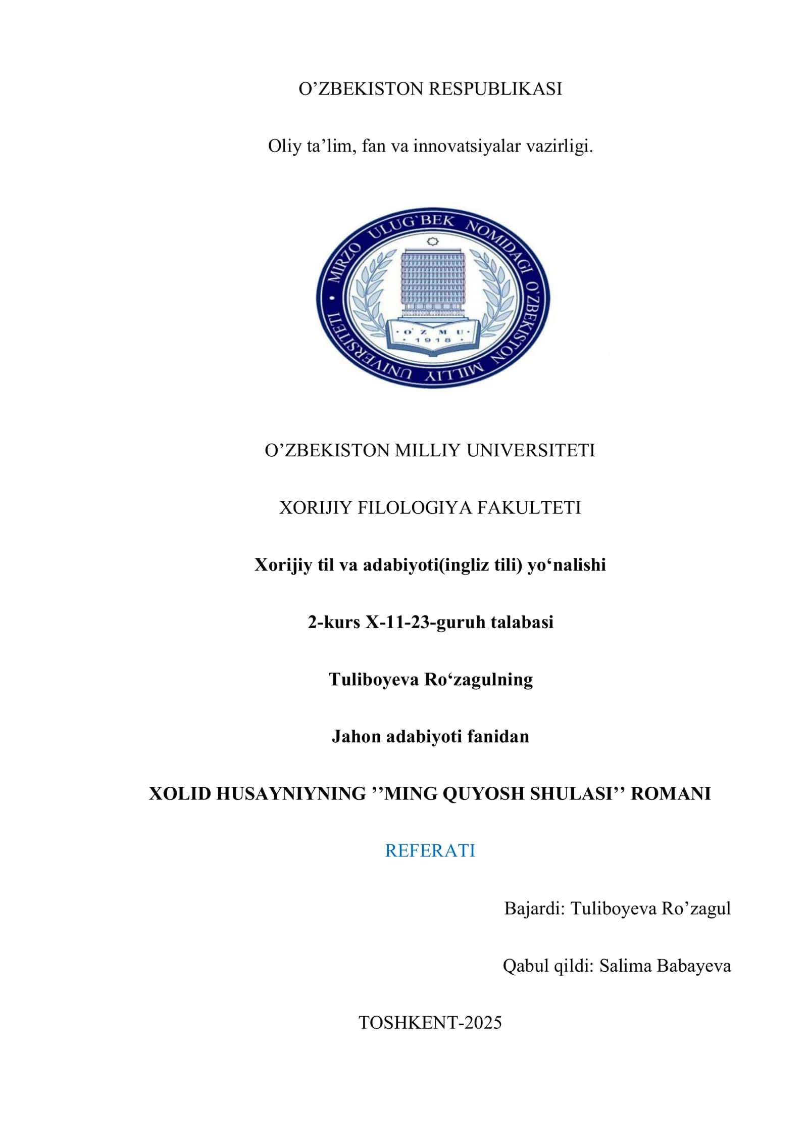 XOLID HUSAYNIYNING ’’MING QUYOSH SHULASI’’ ROMANI REFERATI