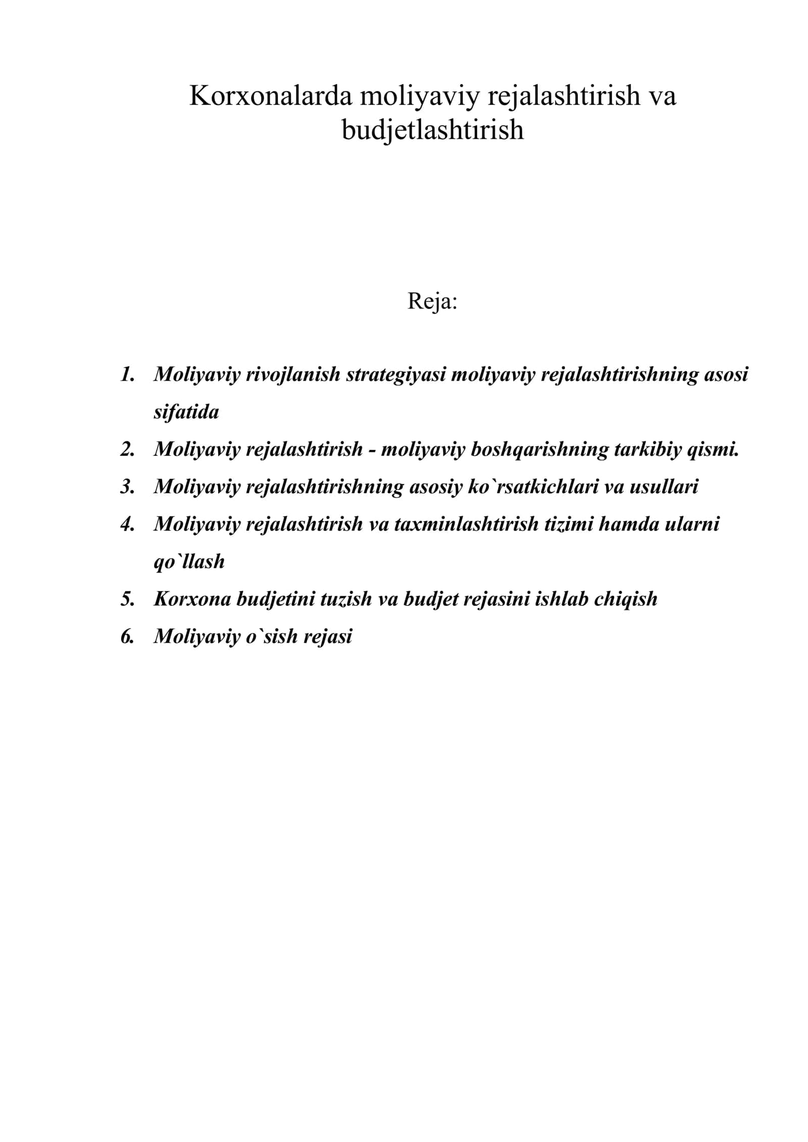 Korxonalarda moliyaviy rejalashtirish va budjetlashtirish