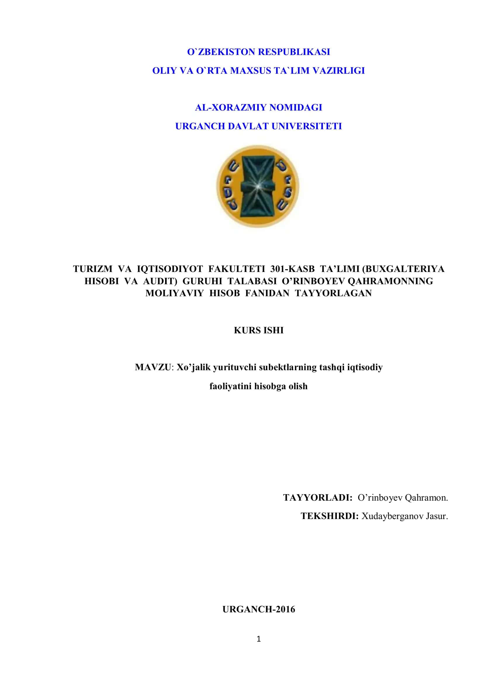 Xo’jalik yurituvchi subektlarning tashqi iqtisodiy faoliyatini hisobga olish