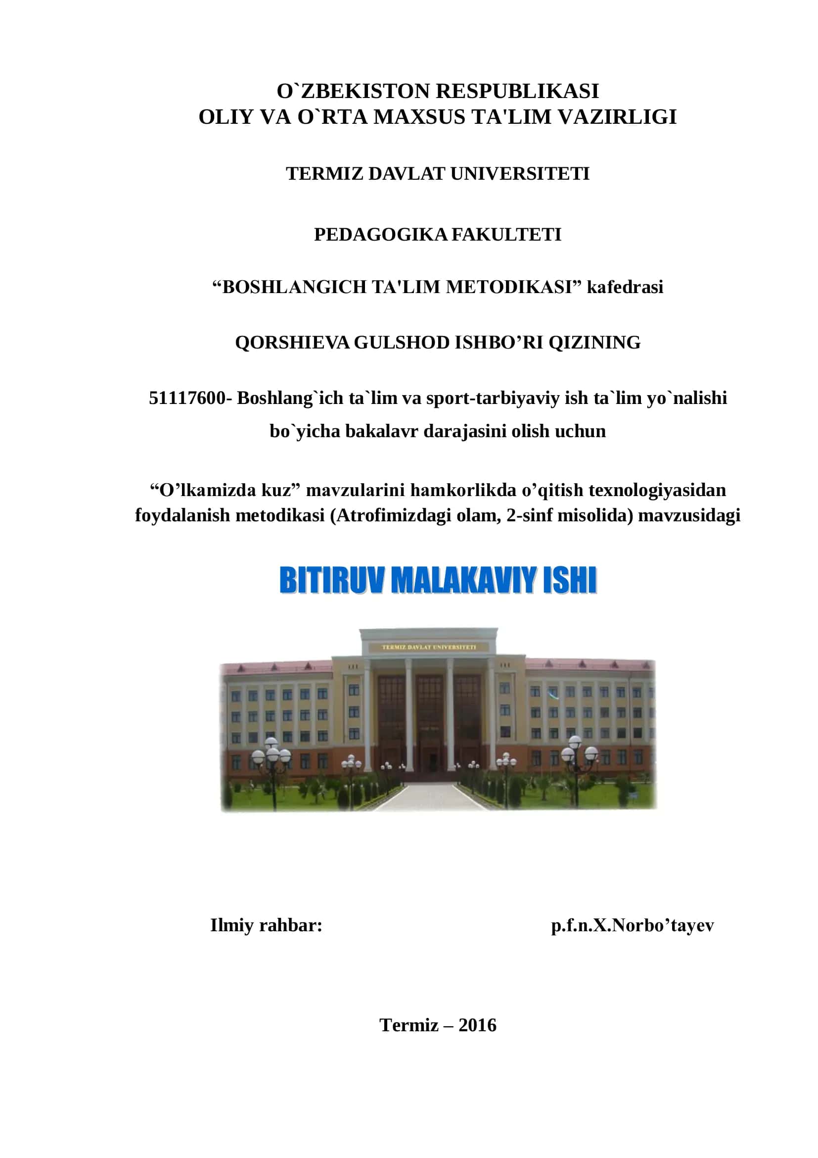 "BOSHLANGICH TA'LIM METODIKASI"