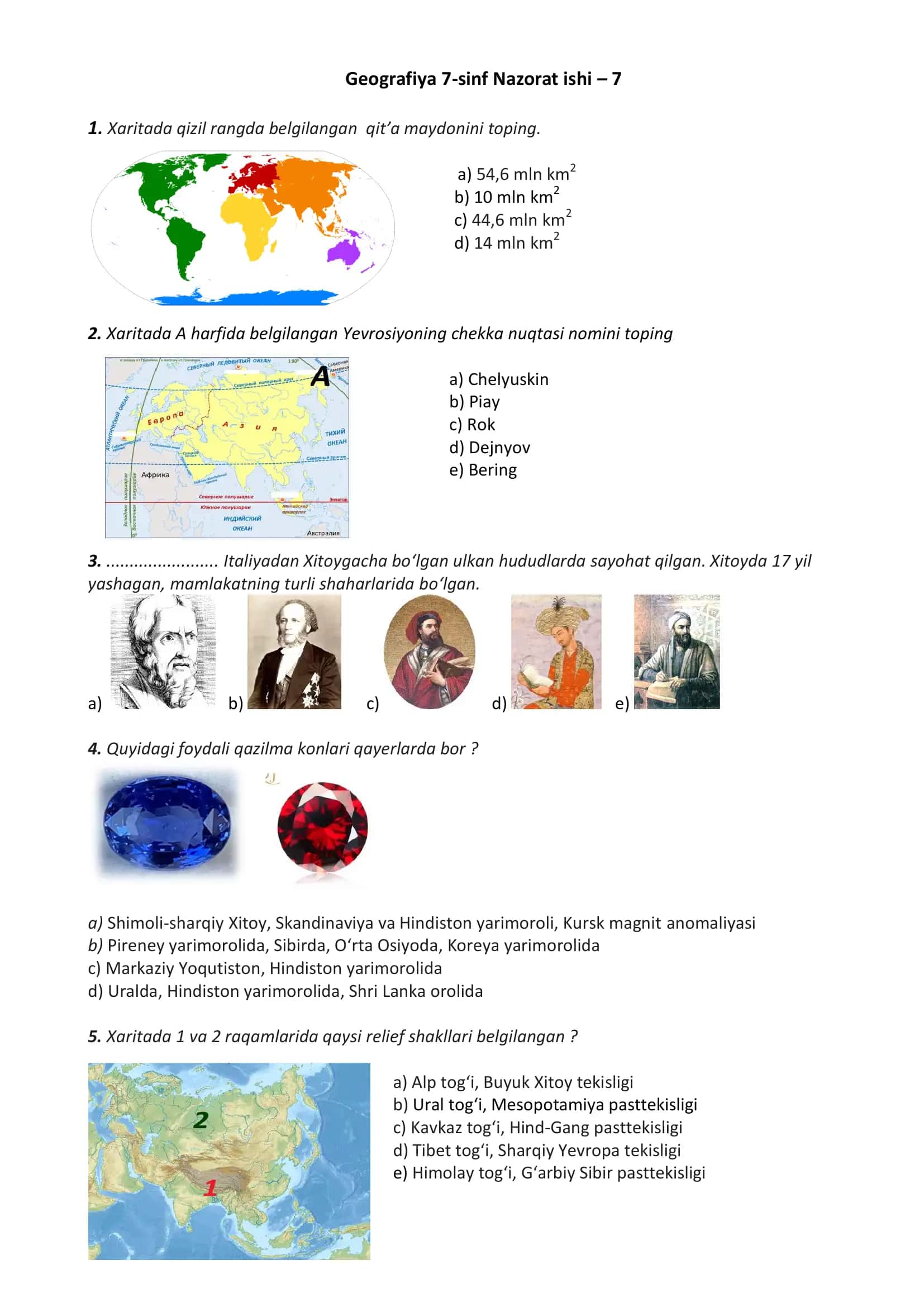 Geografiya 7-sinf Nazorat ishi
