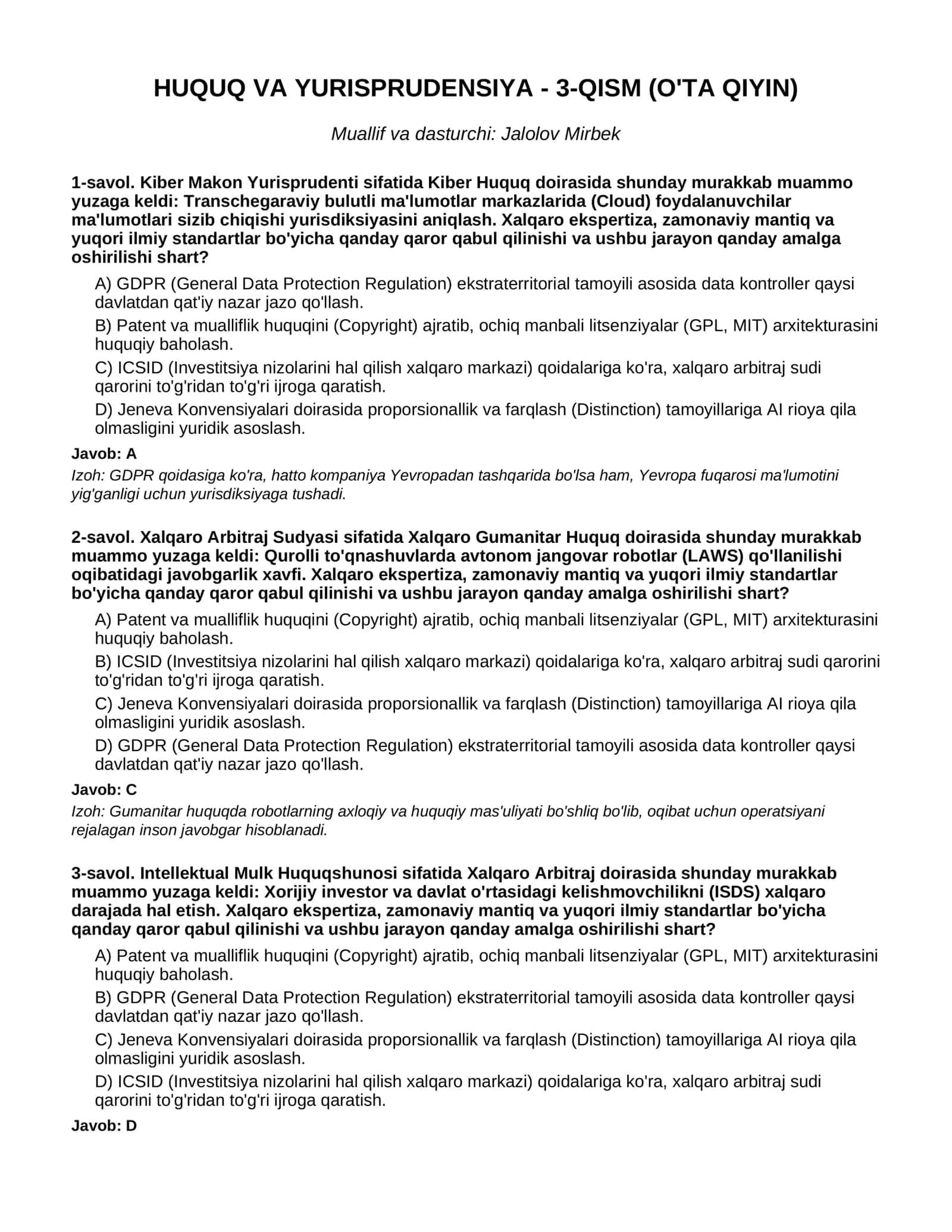 HUQUQ VA YURISPRUDENSIYA - 3-QISM (O'TA QIYIN)