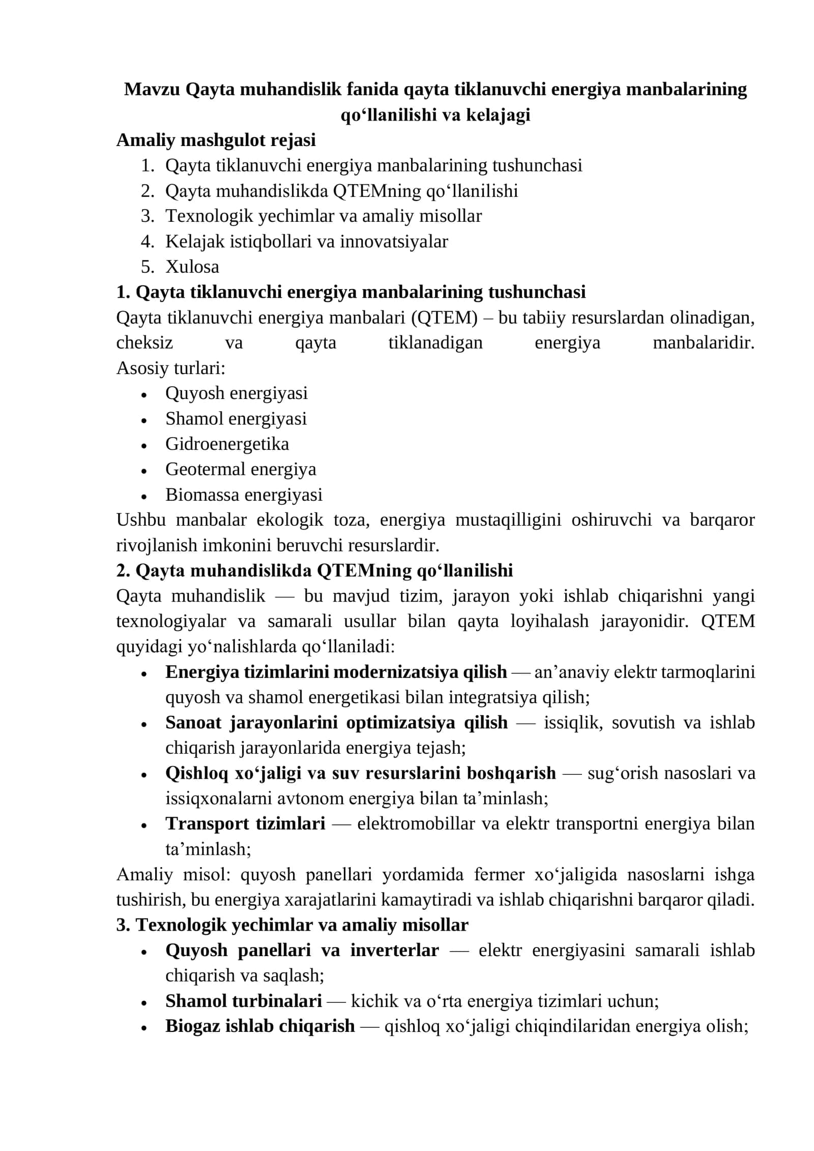 Qayta tiklanuvchi energiya manbalarini o'rganish