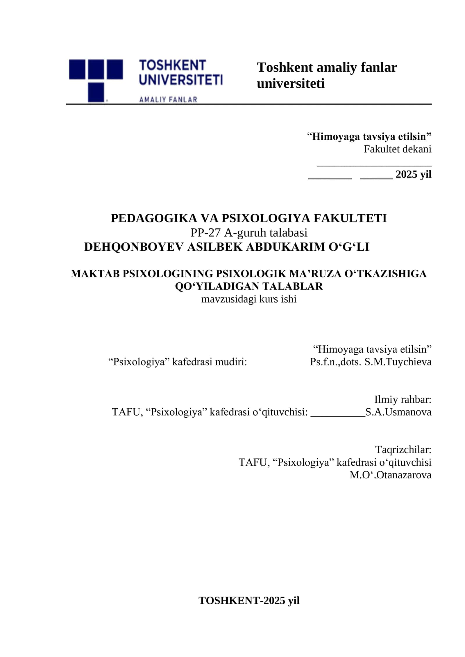 MAKTAB PSIXOLOGINING PSIXOLOGIK MAʼRUZA OʻTKAZISHIGA QOʻYILADIGAN TALABLAR