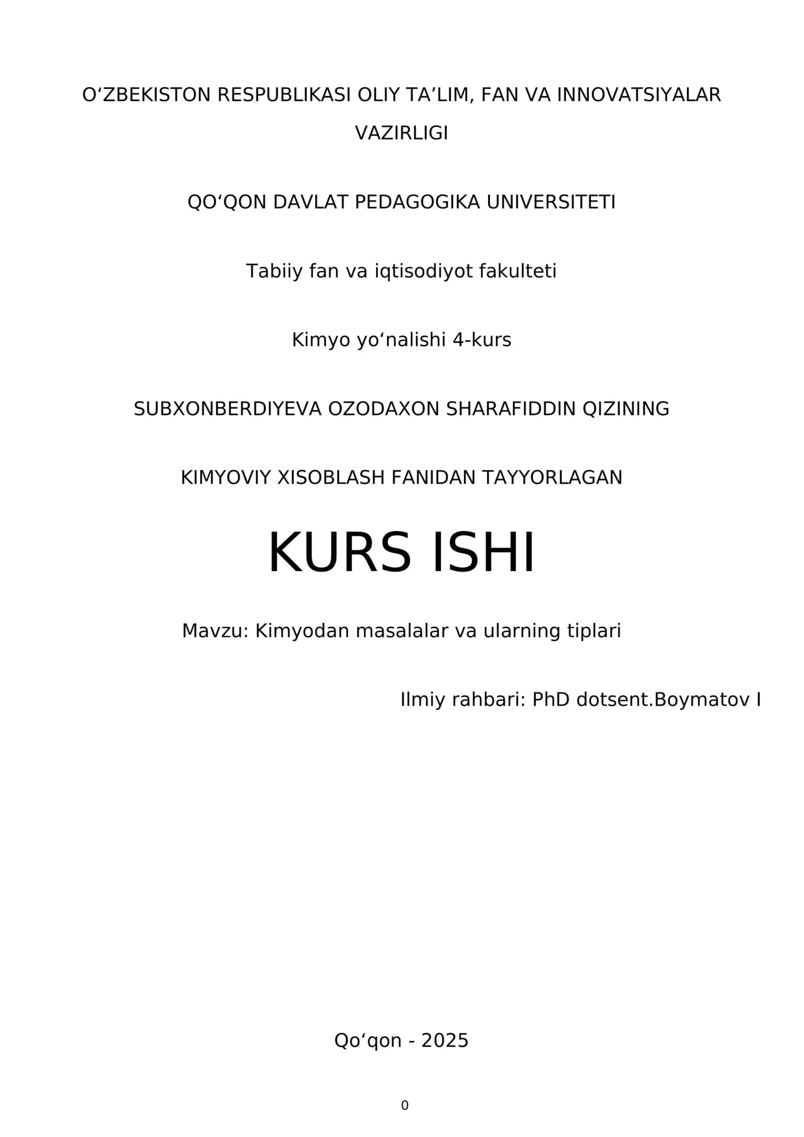 KIMYOVIY XISOBLASH FANIDAN TAYYORLAGAN KURS ISHI
