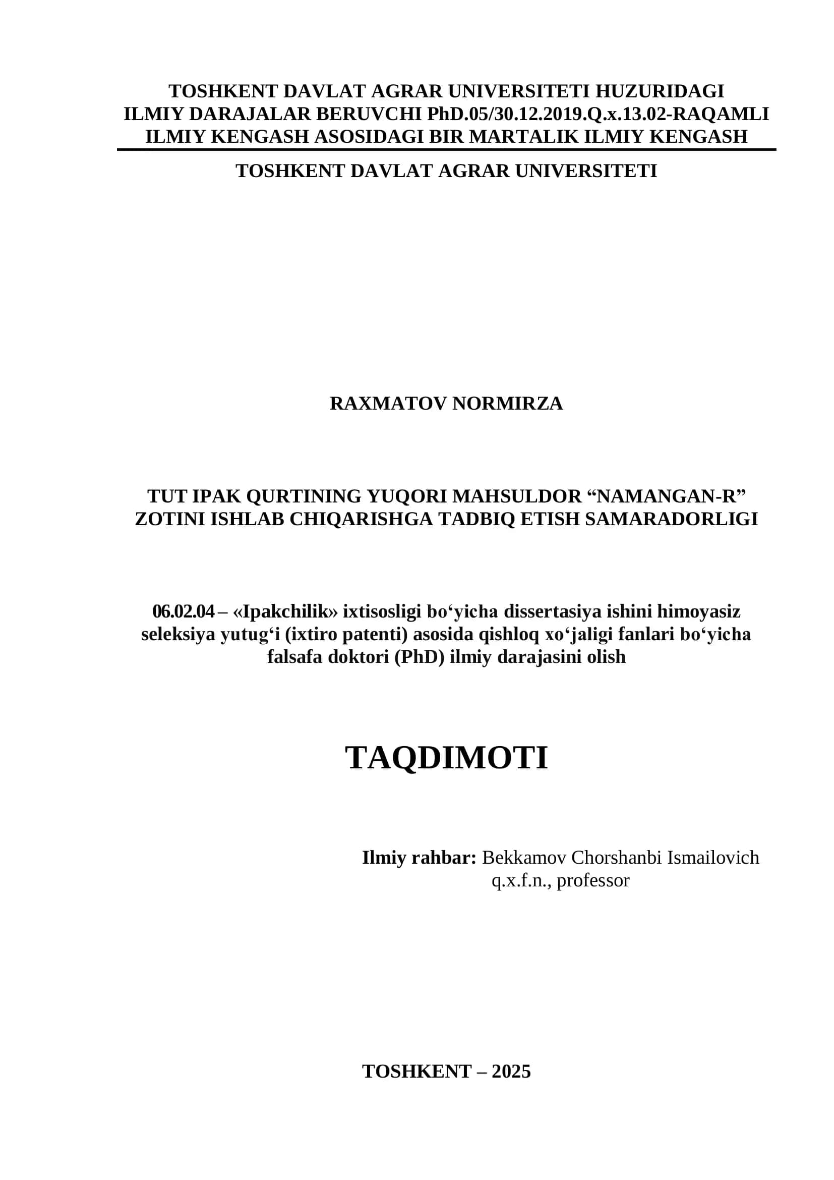 Tut Ipak Qurtining Yuqori Mahsuldor “Namangan-R” Zotini Ishlab Chiqarishga Tadbiq Etish Samaradorligi
