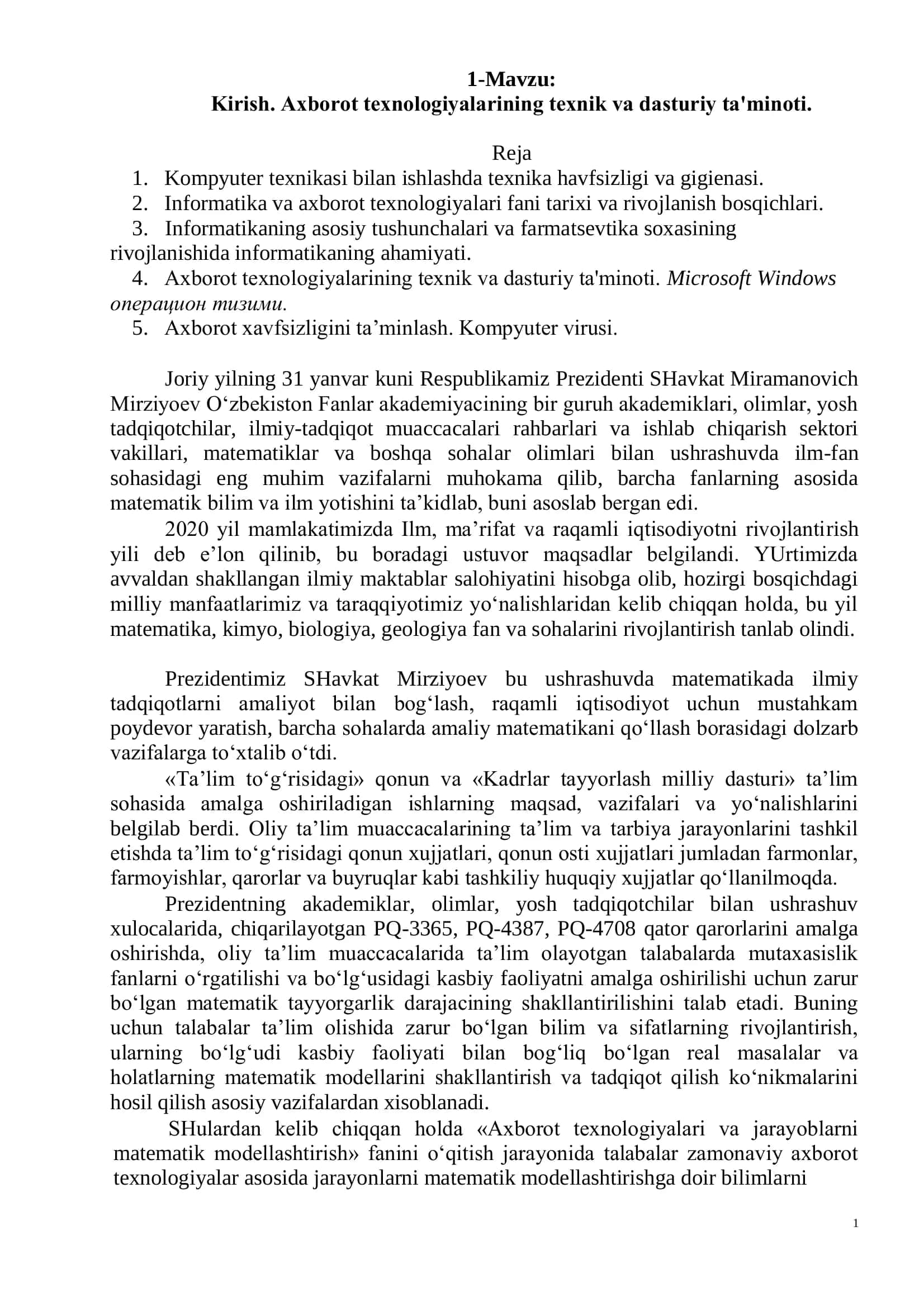 Axborot tеxnologiyalarining texnik va dasturiy ta'minoti