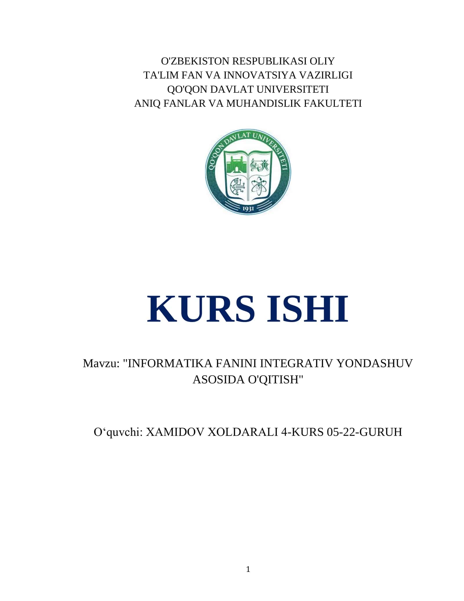 INFORMATIKA FANINI INTEGRATIV YONDASHUV ASOSIDA O'QITISH