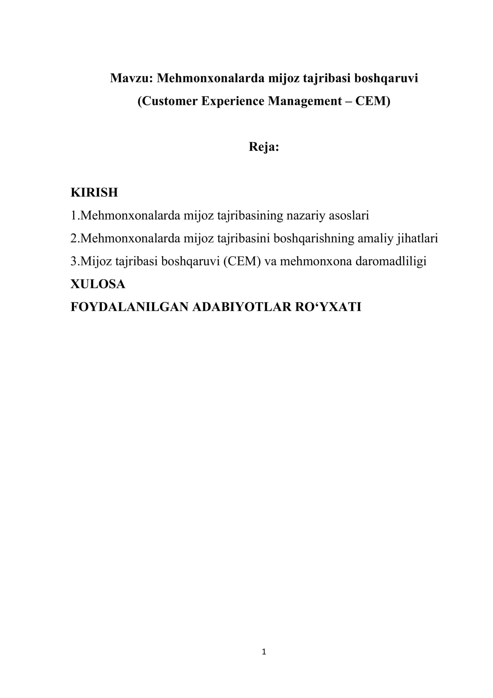 Mehmonxonalarda mijoz tajribasi boshqaruvi (Customer Experience Management – CEM)