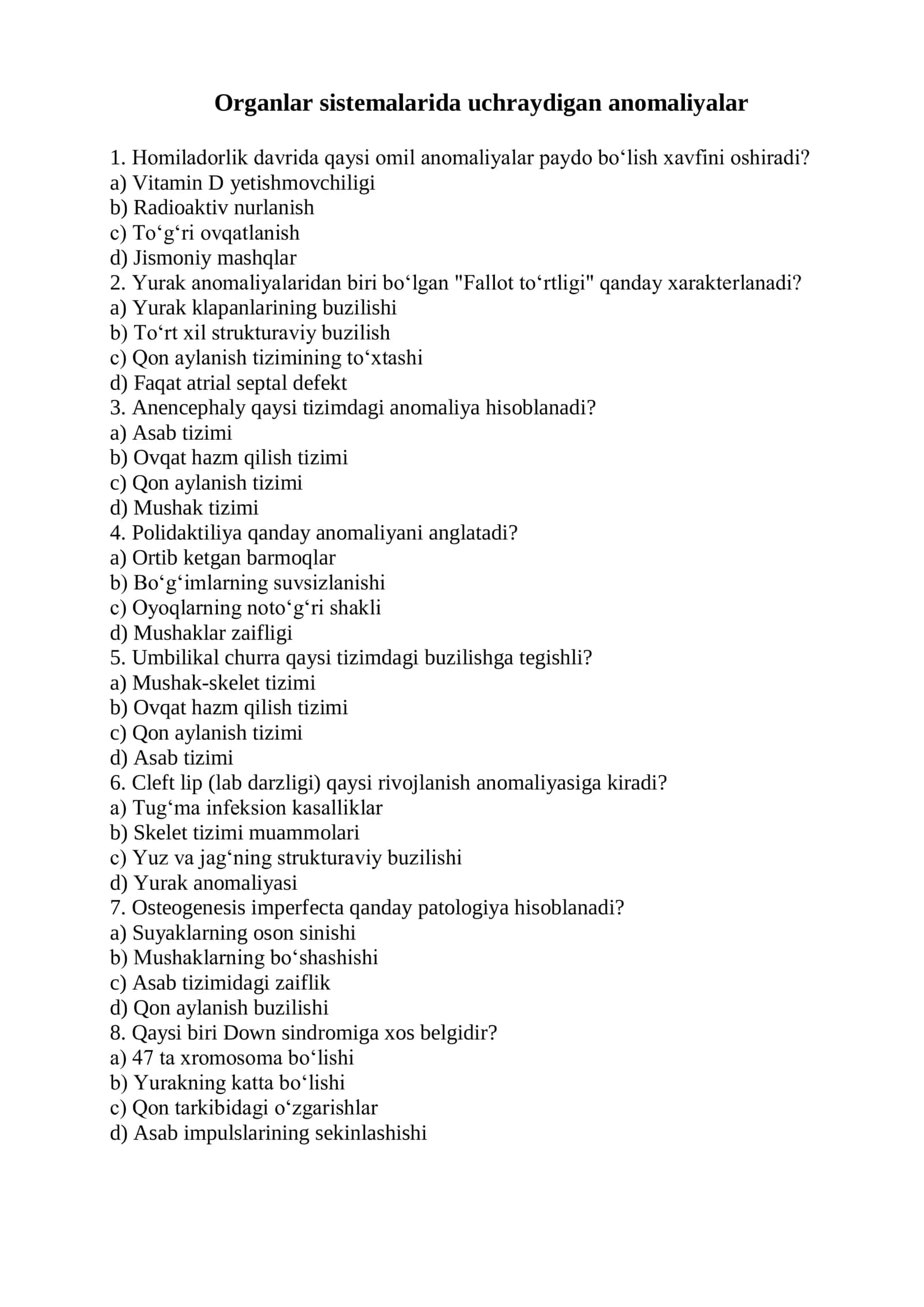 Organlar sistemalarida uchraydigan anomaliyalar