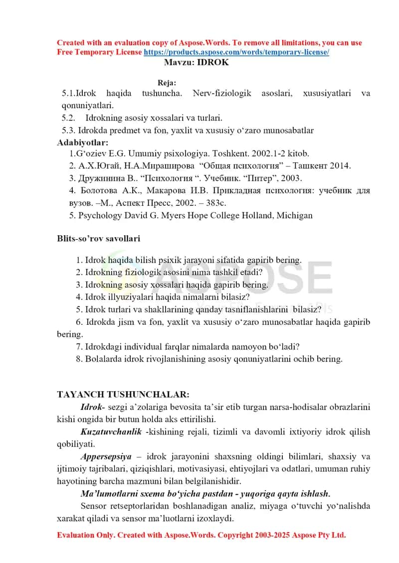 Idrok haqida tushuncha. Nerv-fiziologik asoslari, xususiyatlari va qonuniyatlari
