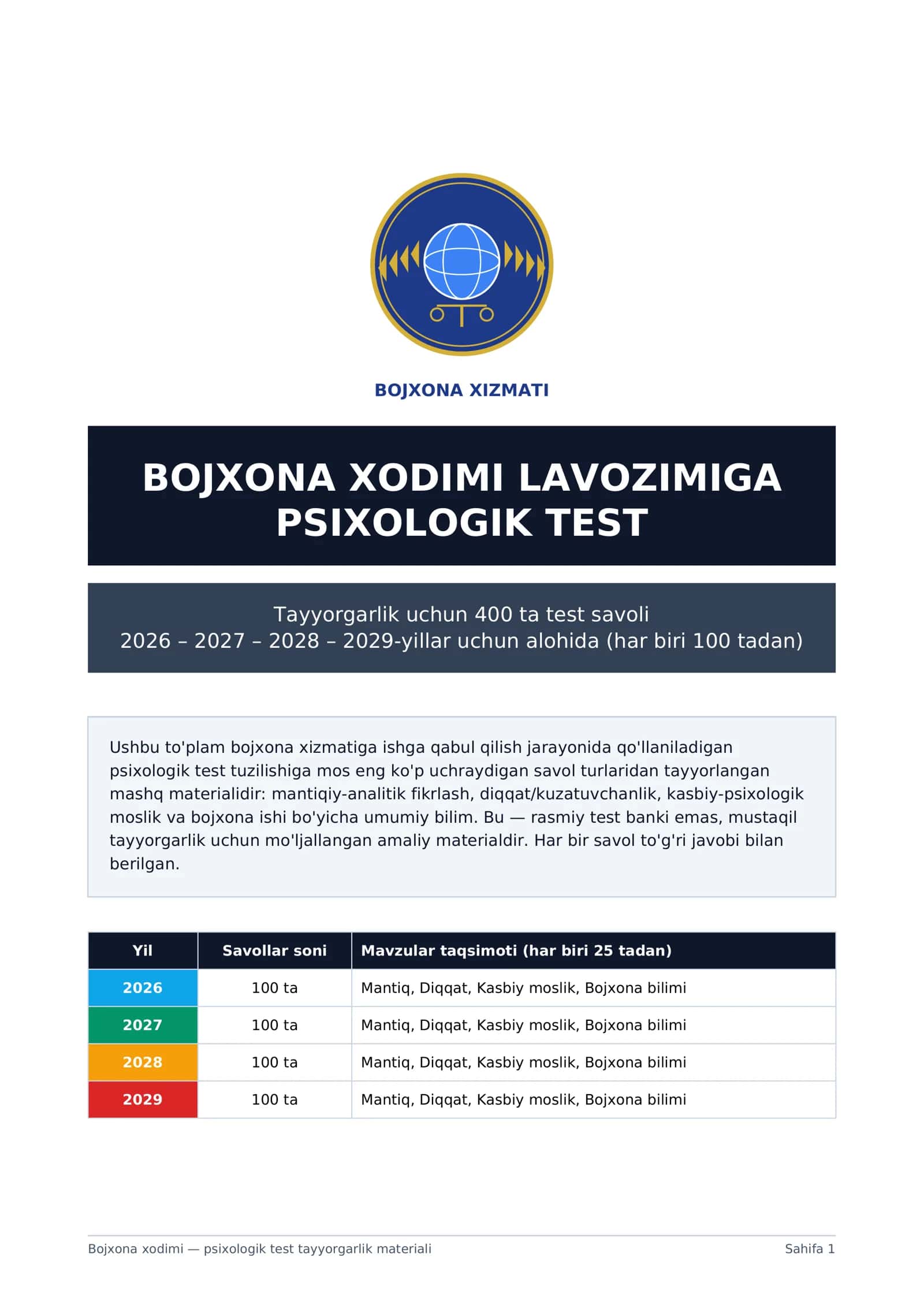 Bojxona xodimi — psixologik test tayyorgarlik materiali