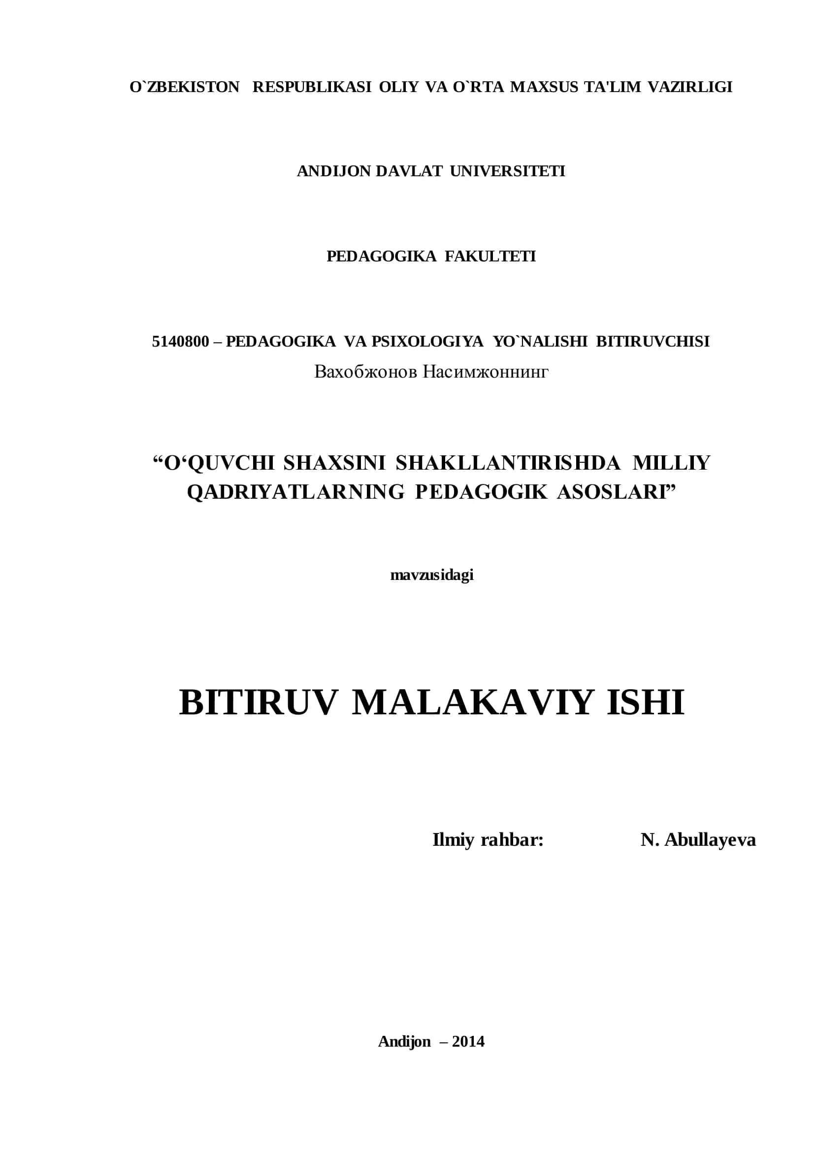 O‗QUVCHI SHAXSINI SHAKLLANTIRISHDA MILLIY QADRIYATLARNING PEDAGOGIK ASOSLARI