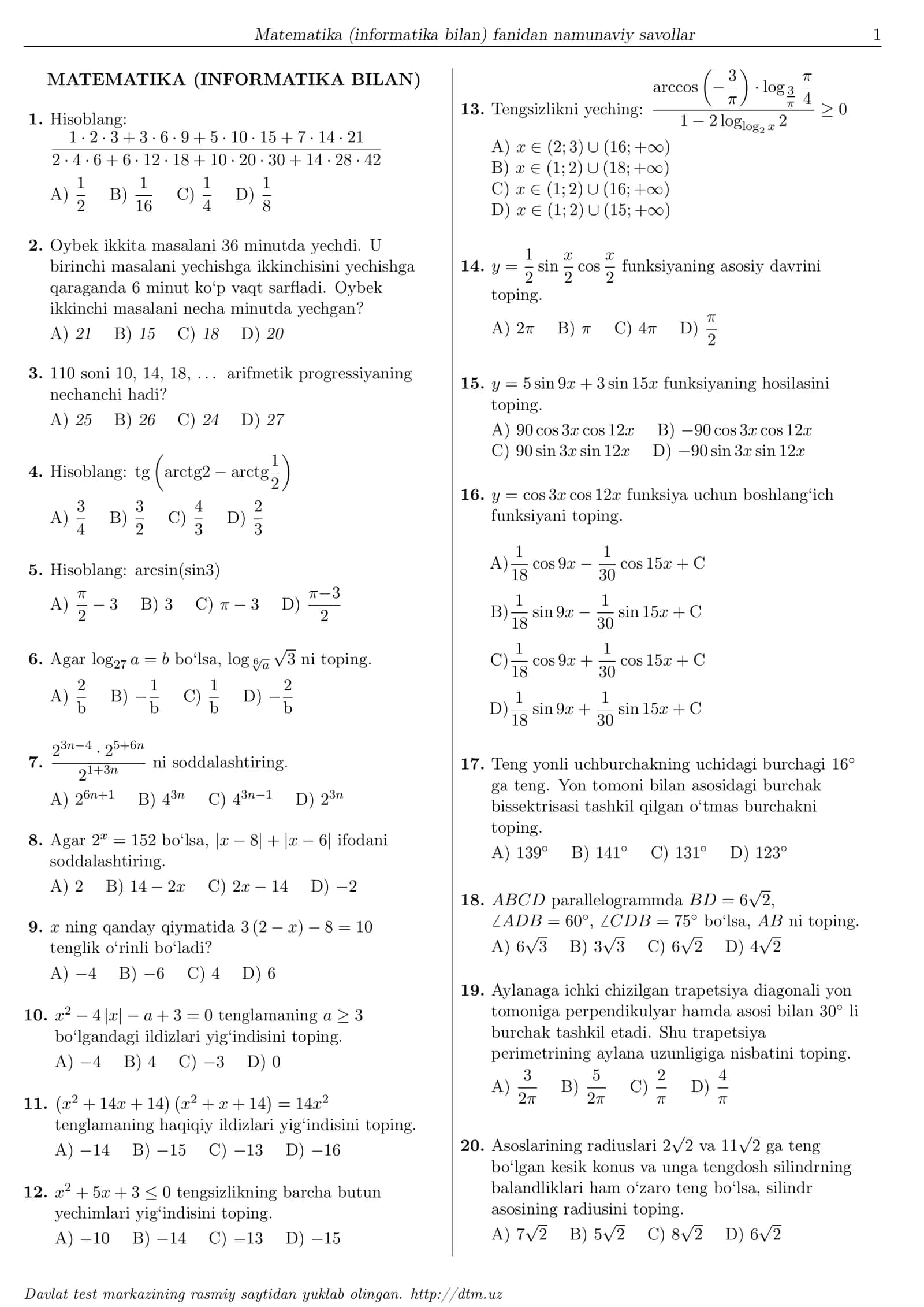Matematika (informatika bilan) DTM SAVOLLARI