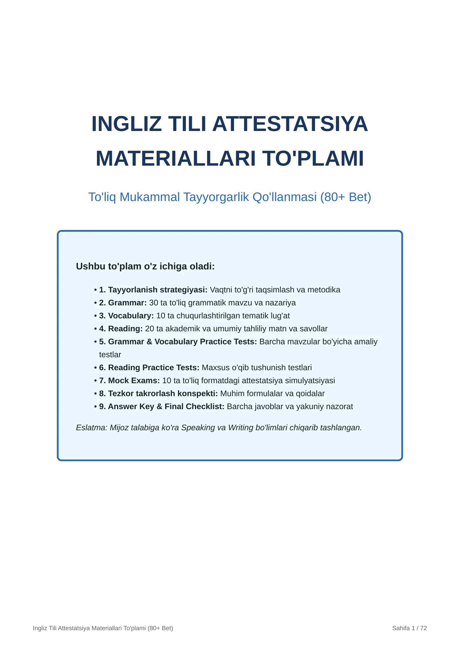 INGLIZ TILI ATTESTATSIYA MATERIALLARI TO'PLAMI