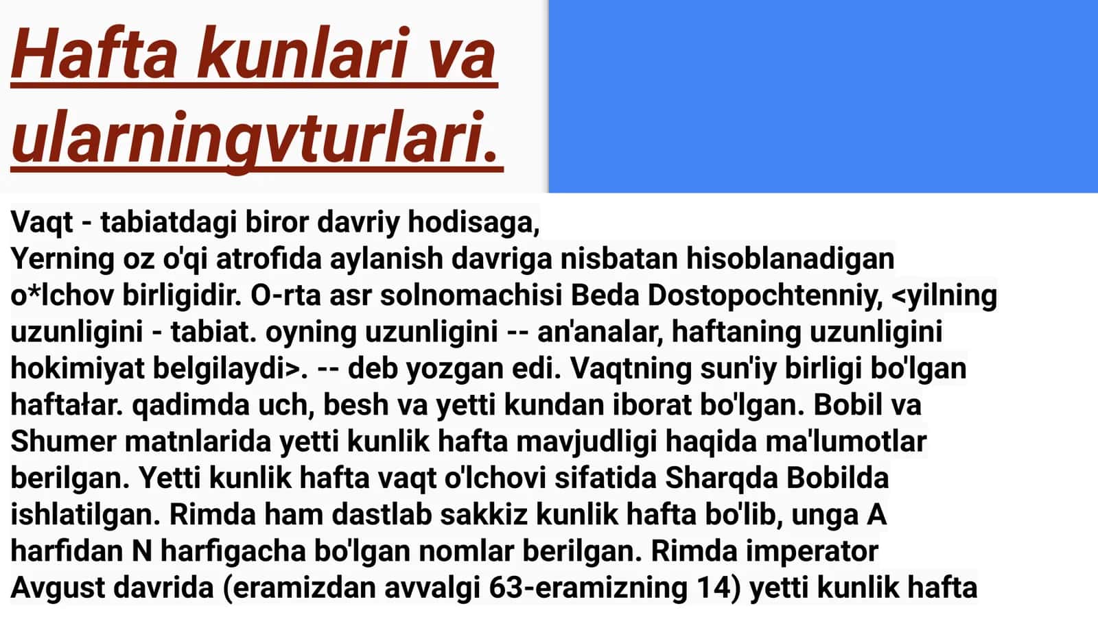Hafta kunlari va ularning turlari