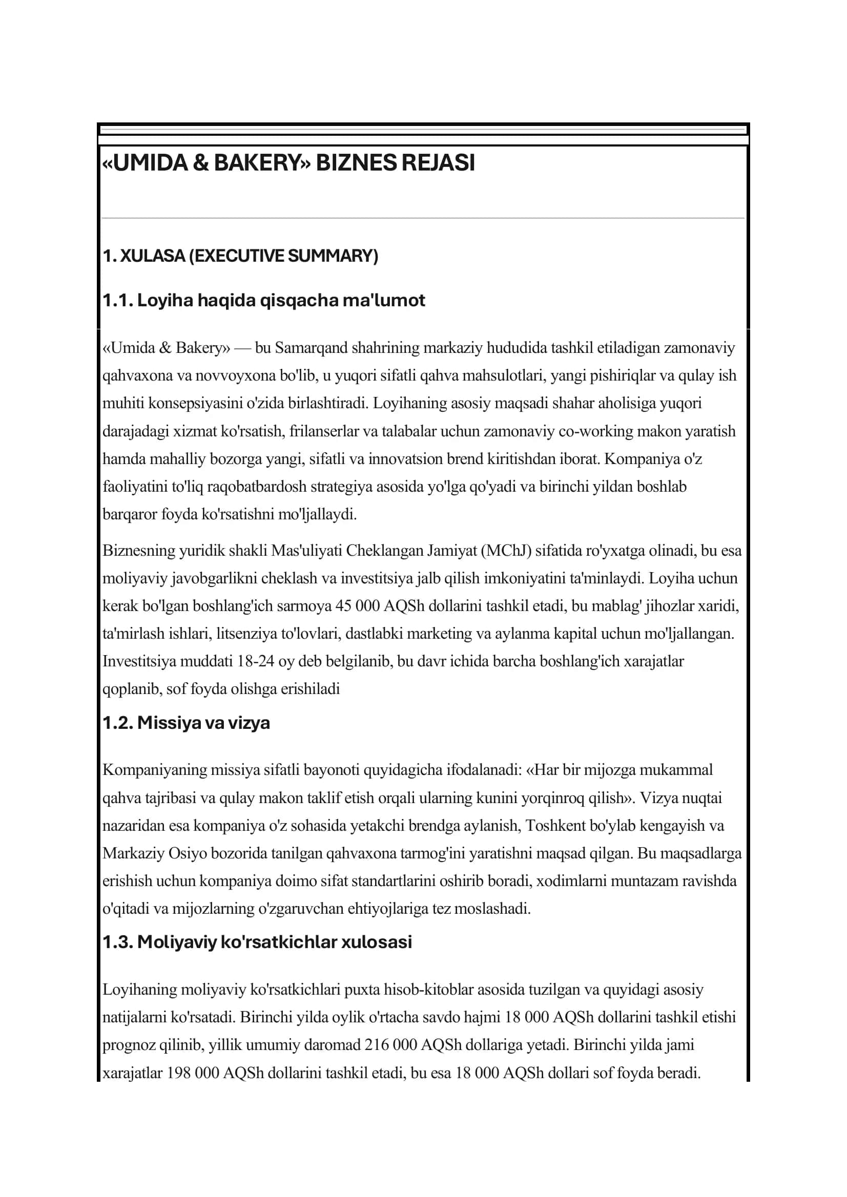 UMIDA & BAKERY BIZNES REJASI