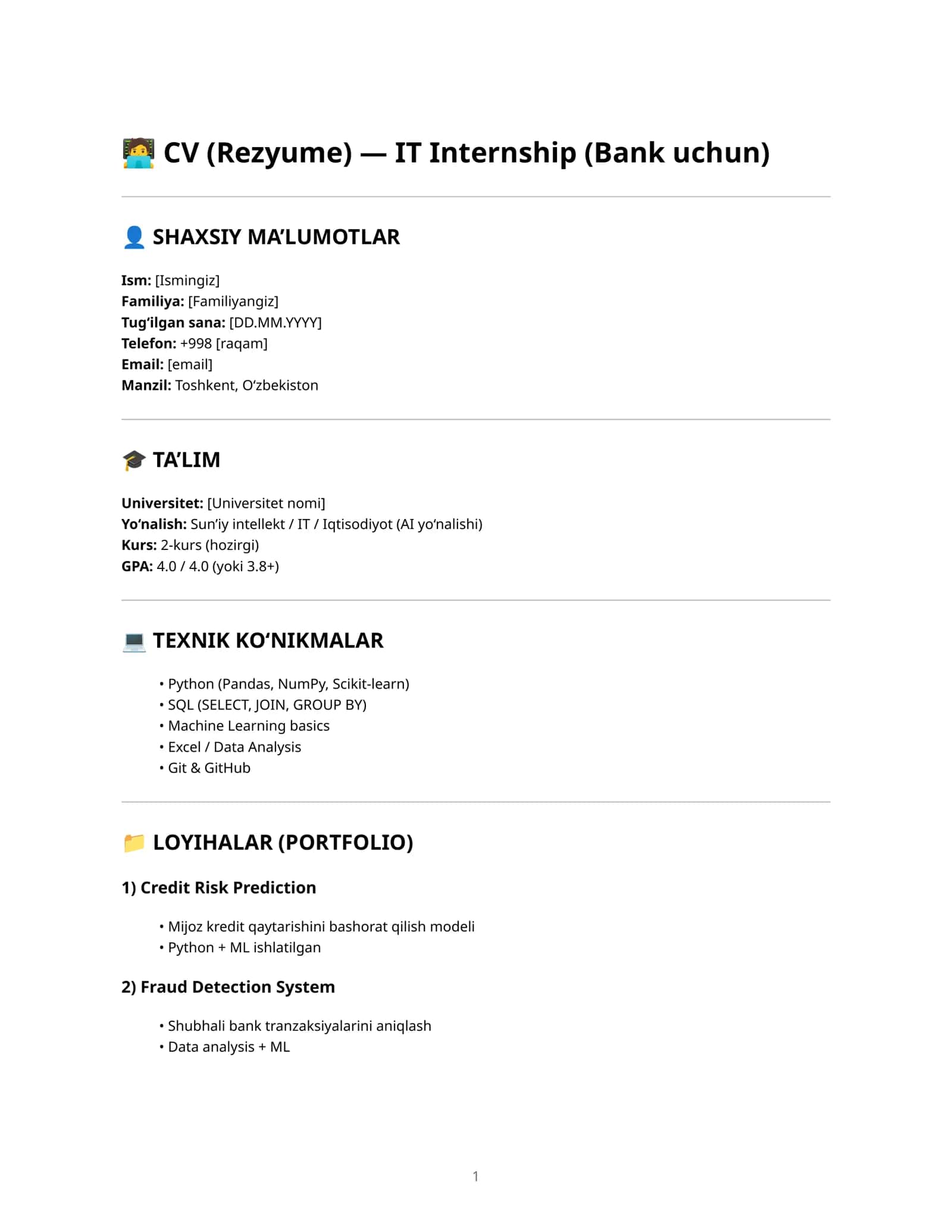IT Internship (Bank uchun)
