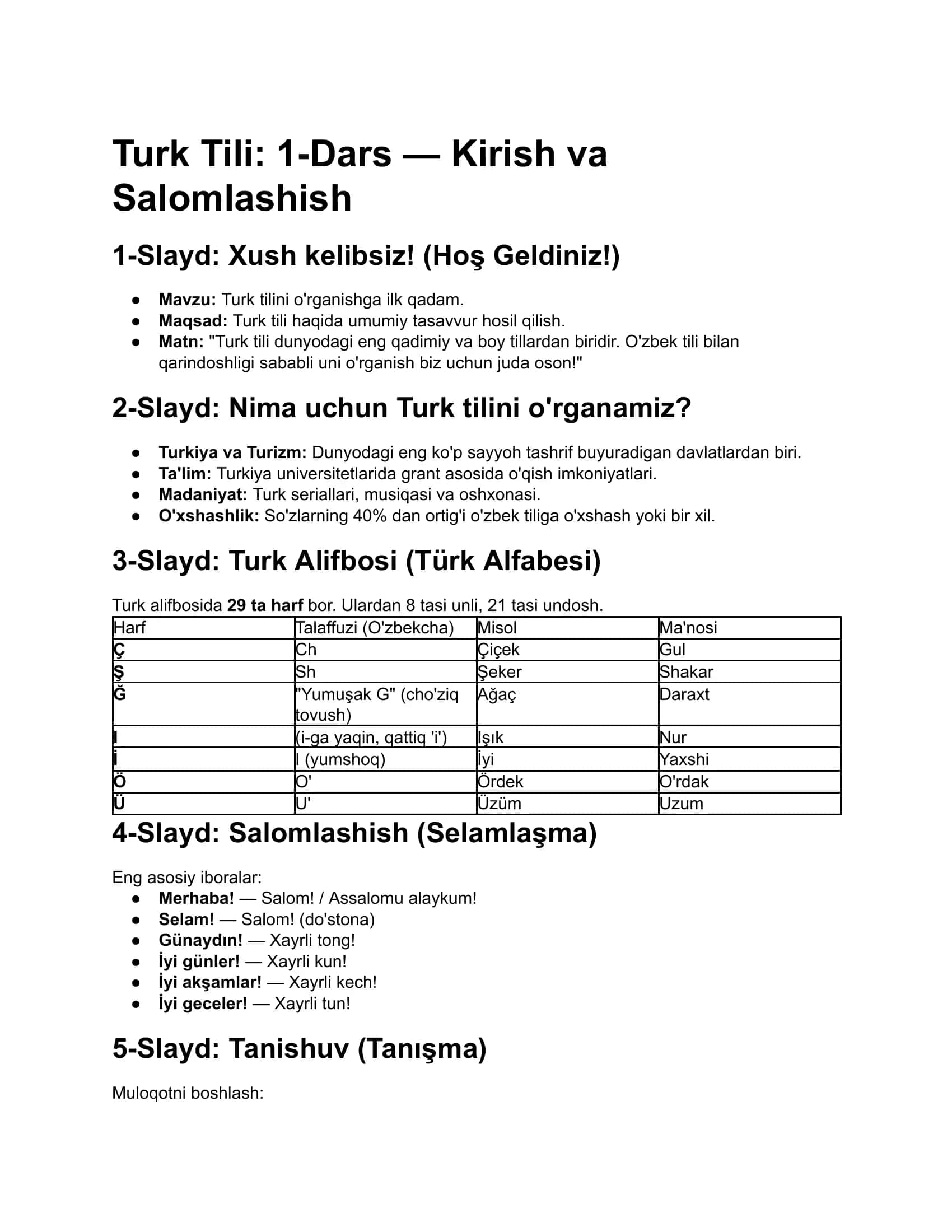 Turk tili mustaqil oʻqish uchun birinchi dars