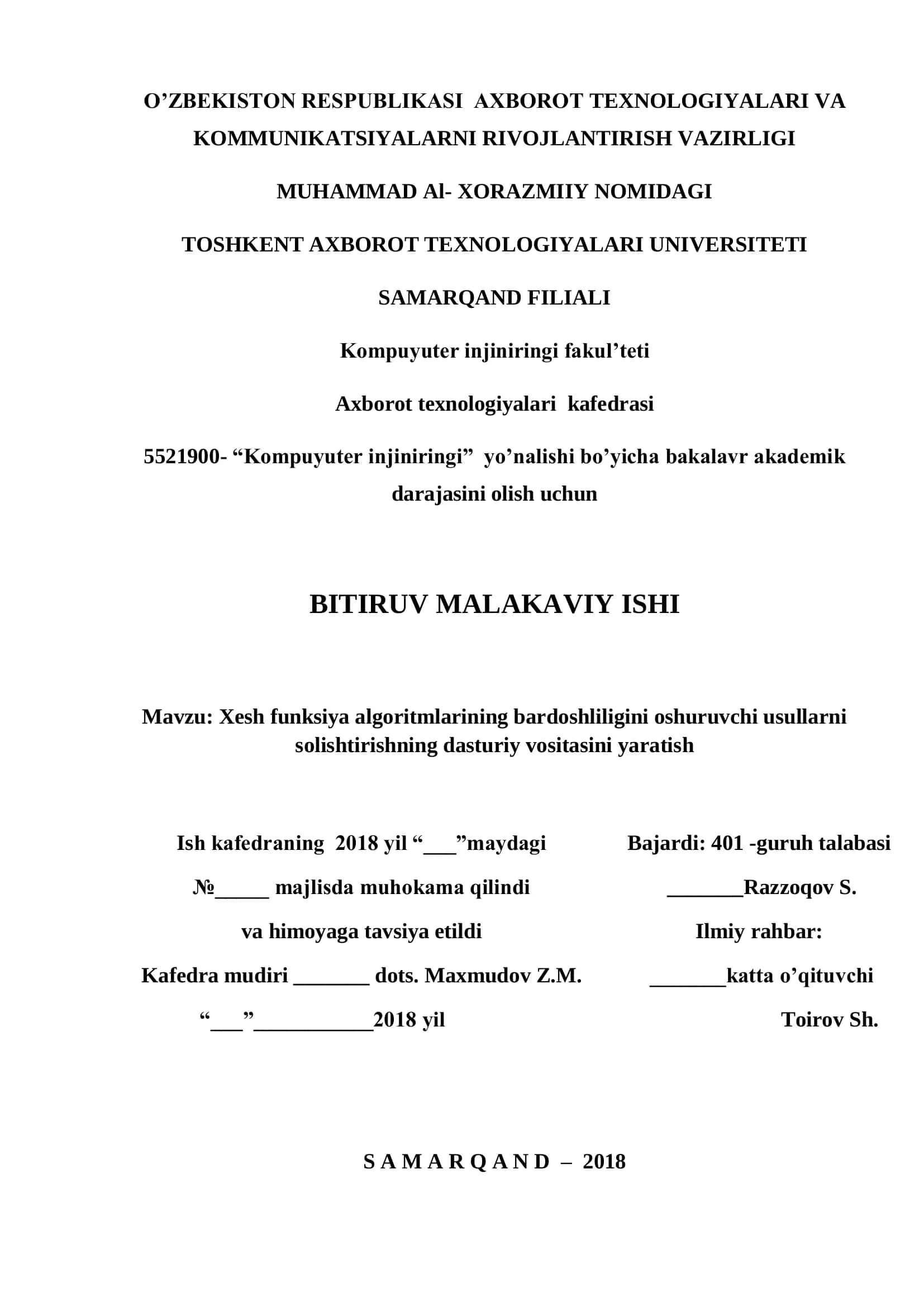 Xesh funksiya algoritmlarining bardoshliligini oshuruvchi usullarni solishtirishning dasturiy vositasini yaratish