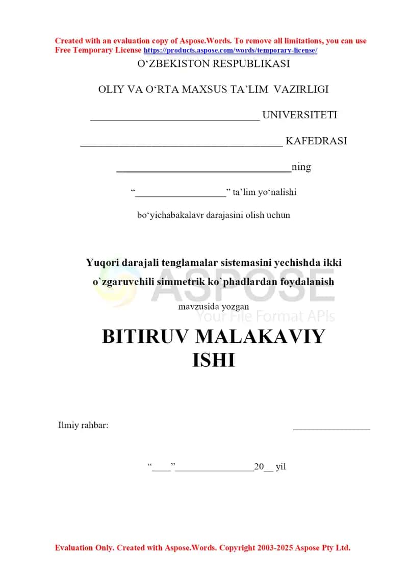 Yuqori darajali tenglamalar sistemasini yechishda ikki o`zgaruvchili simmetrik ko`phadlardan foydalanish