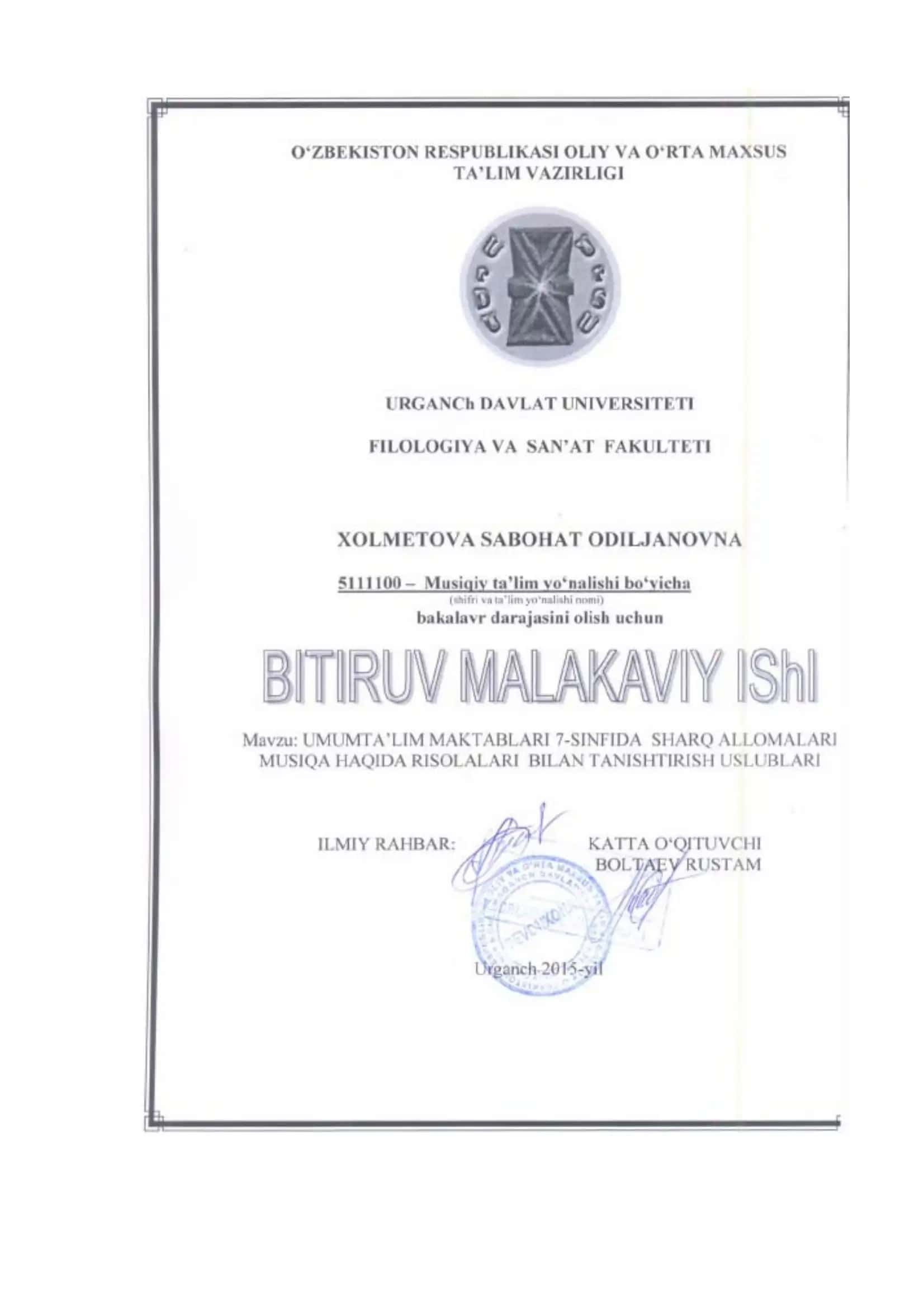 BITIRUV MALAKAVIY ISh BO’YICHA RAHBARINING MULОHAZALARI
