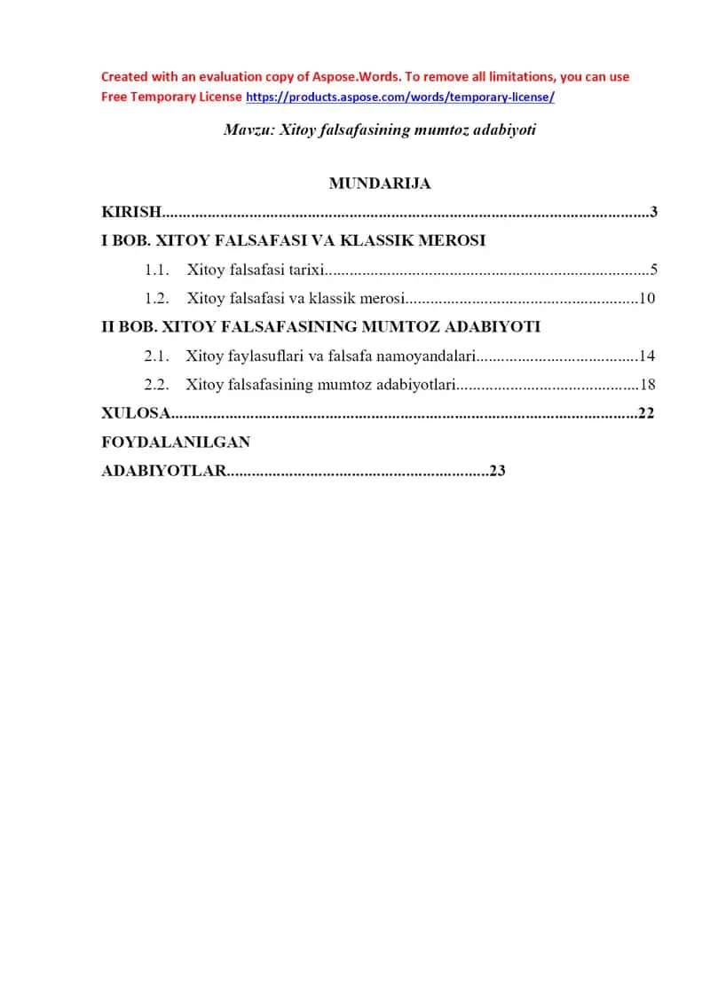 Kurs ishi “Xitoy falsafasining mumtoz adabiyoti”