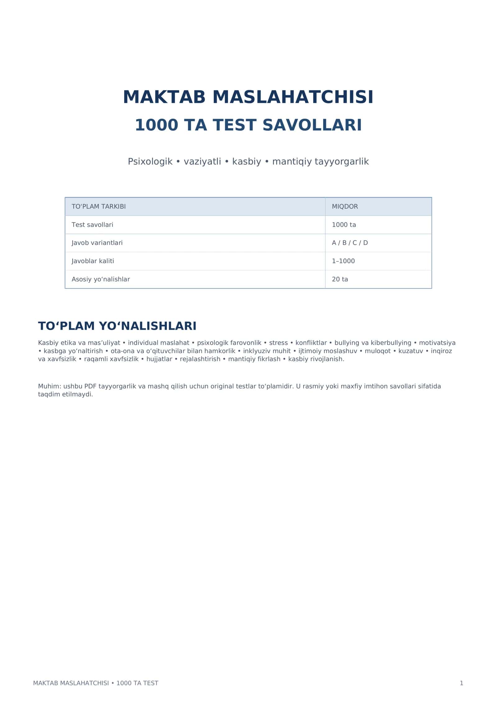 Maktab Maslahatchisi 1000+ Test | Psixologik va Vaziyatli Savollar | Javoblar Kaliti | PDF