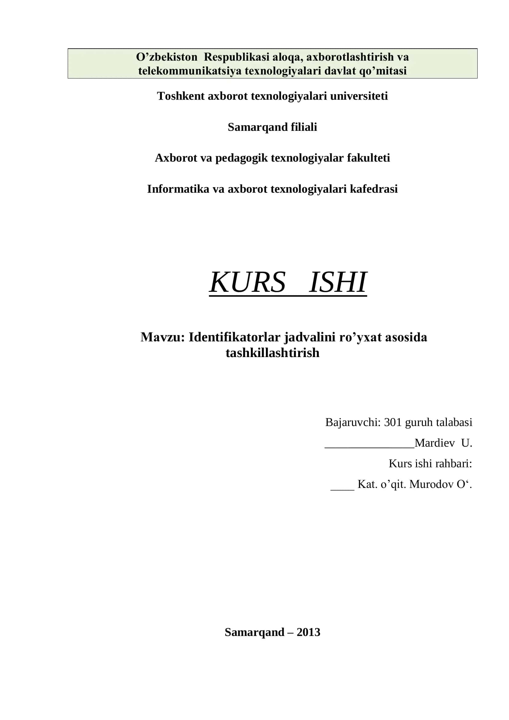 Identifikatorlar jadvalini ro’yxat asosida tashkillashtirish