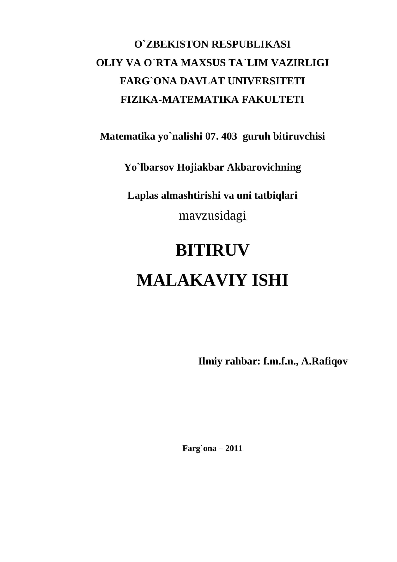 Laplas almashtirishi va uni tatbiqlari