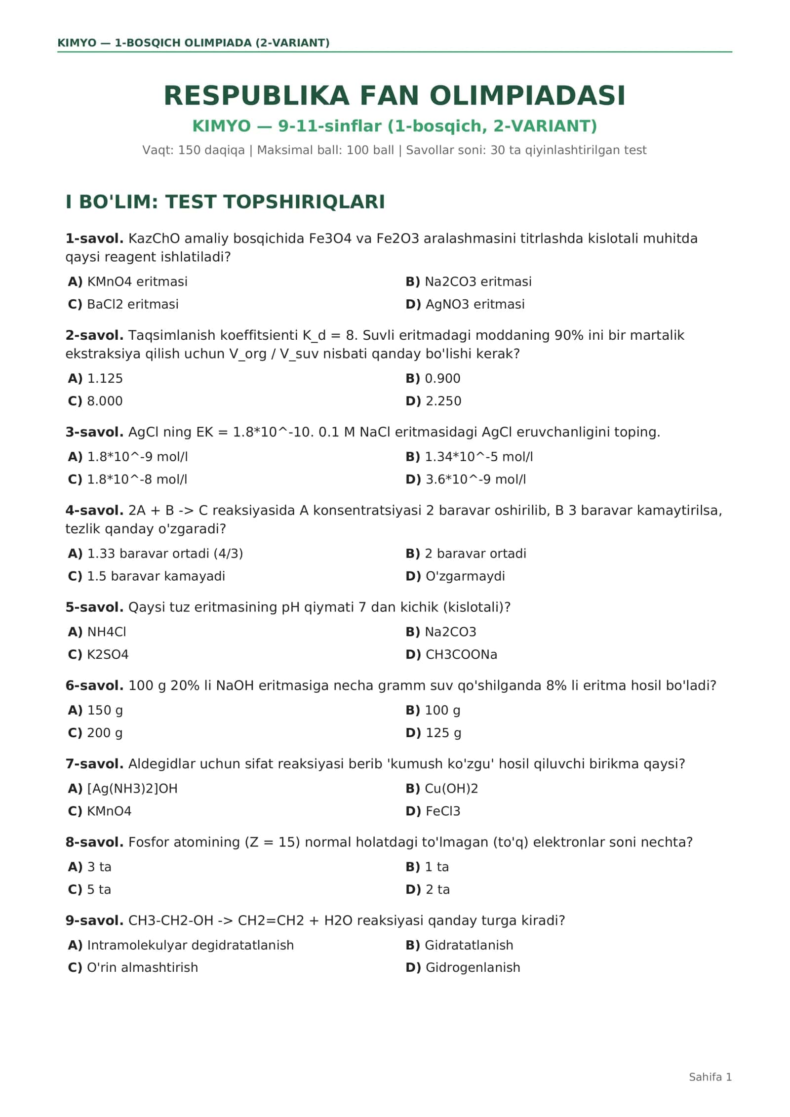KIMYO — 9-11-sinflar (1-bosqich, 2-VARIANT)