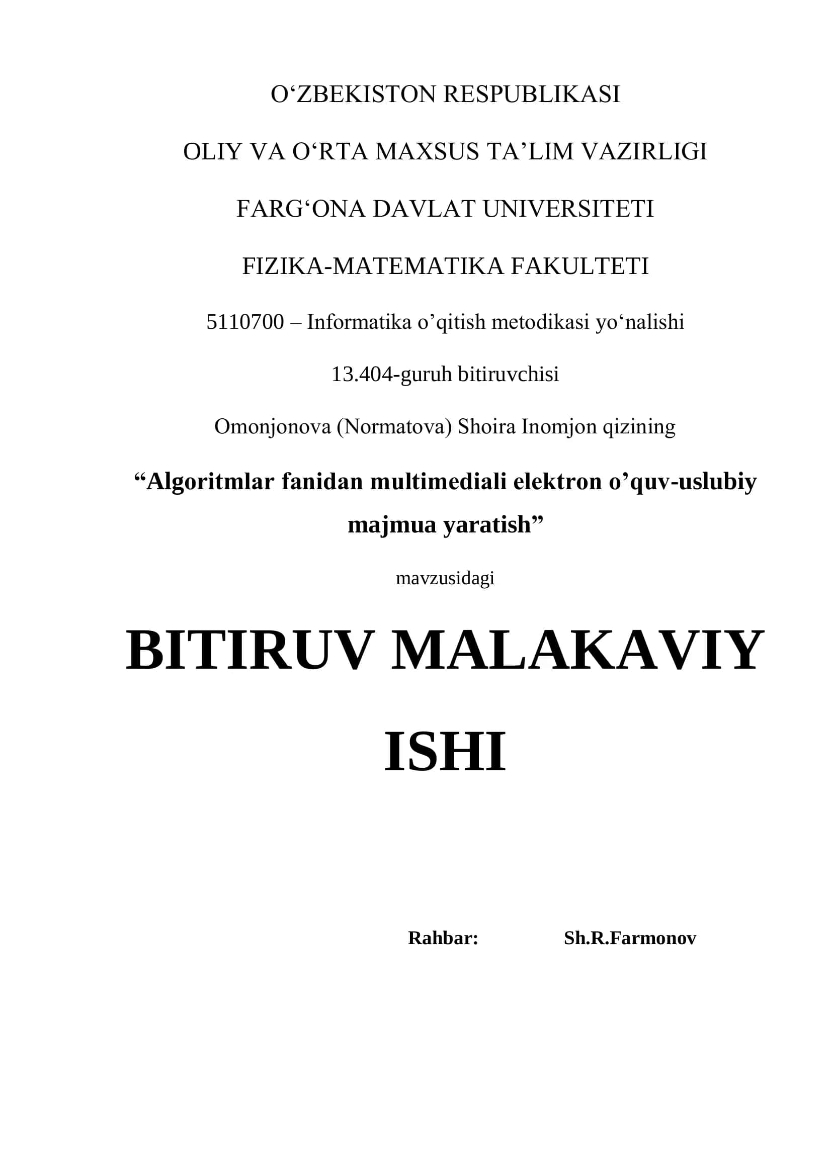 “Algоritmlar fanidan multimediali elektrоn o’quv-uslubiy