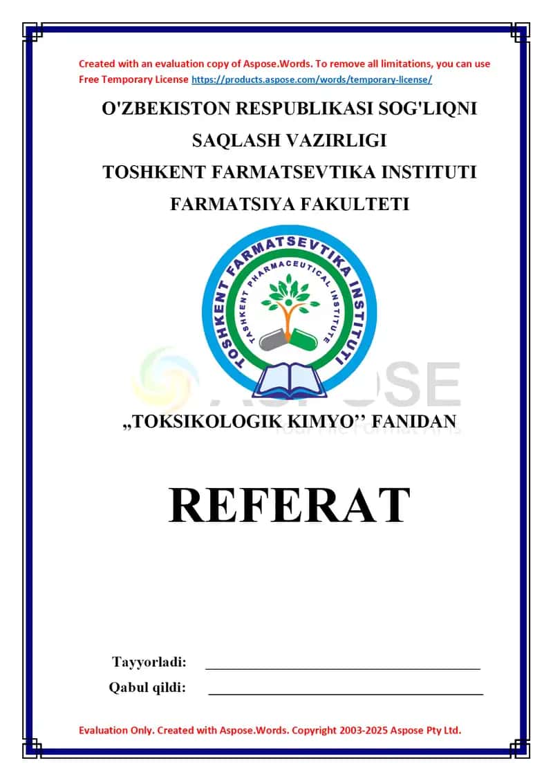 12. Zaharli moddalarning toksikokinetika va toksikodinamikasi. Referat 9 bet.