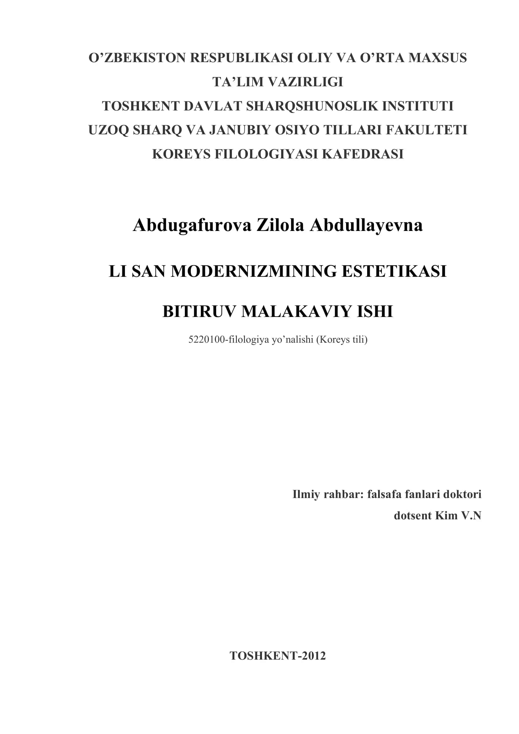 LI SAN MODERNIZMINING ESTETIKASI BITIRUV MALAKAVIY ISHI