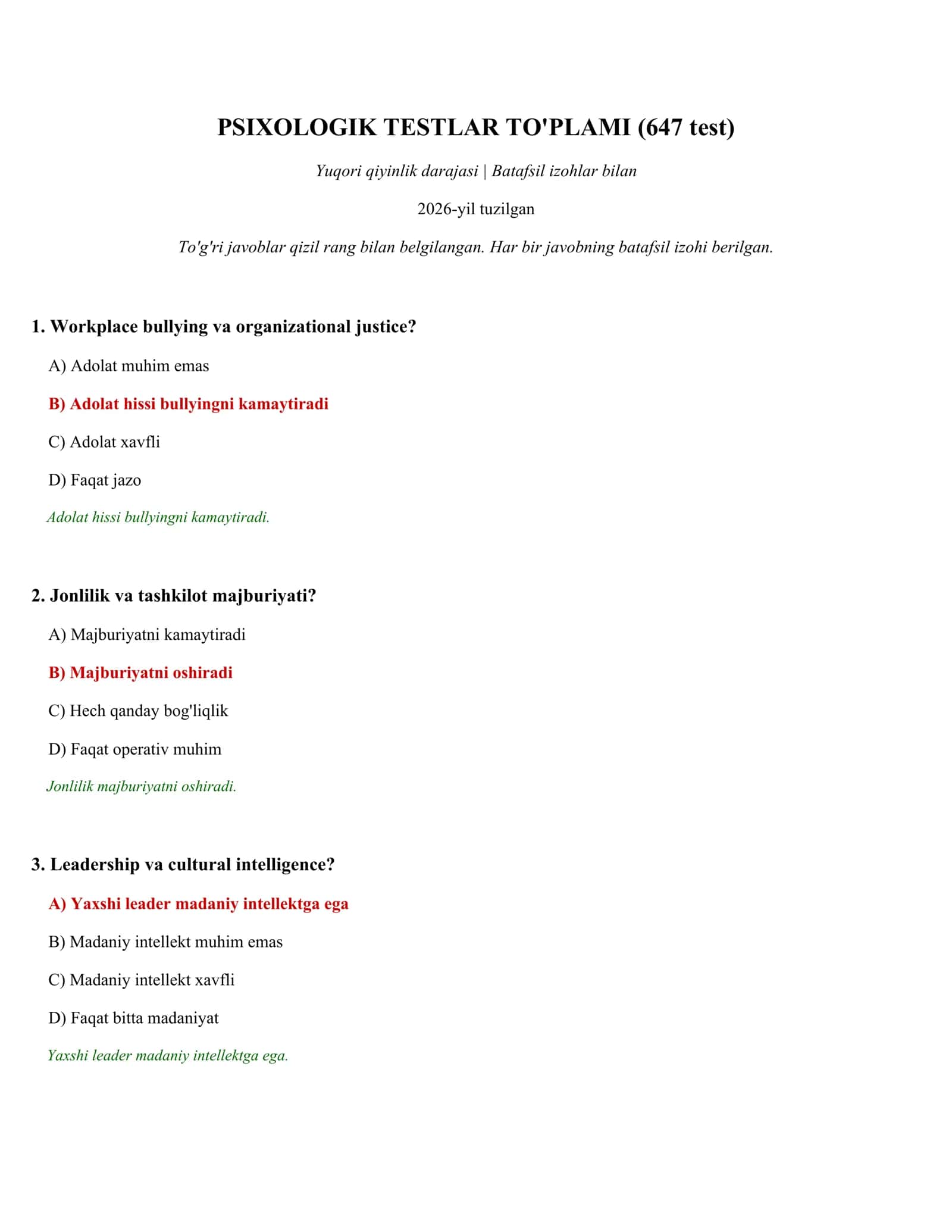 PSIXOLOGIK TESTLAR TO'PLAMI (647 test)