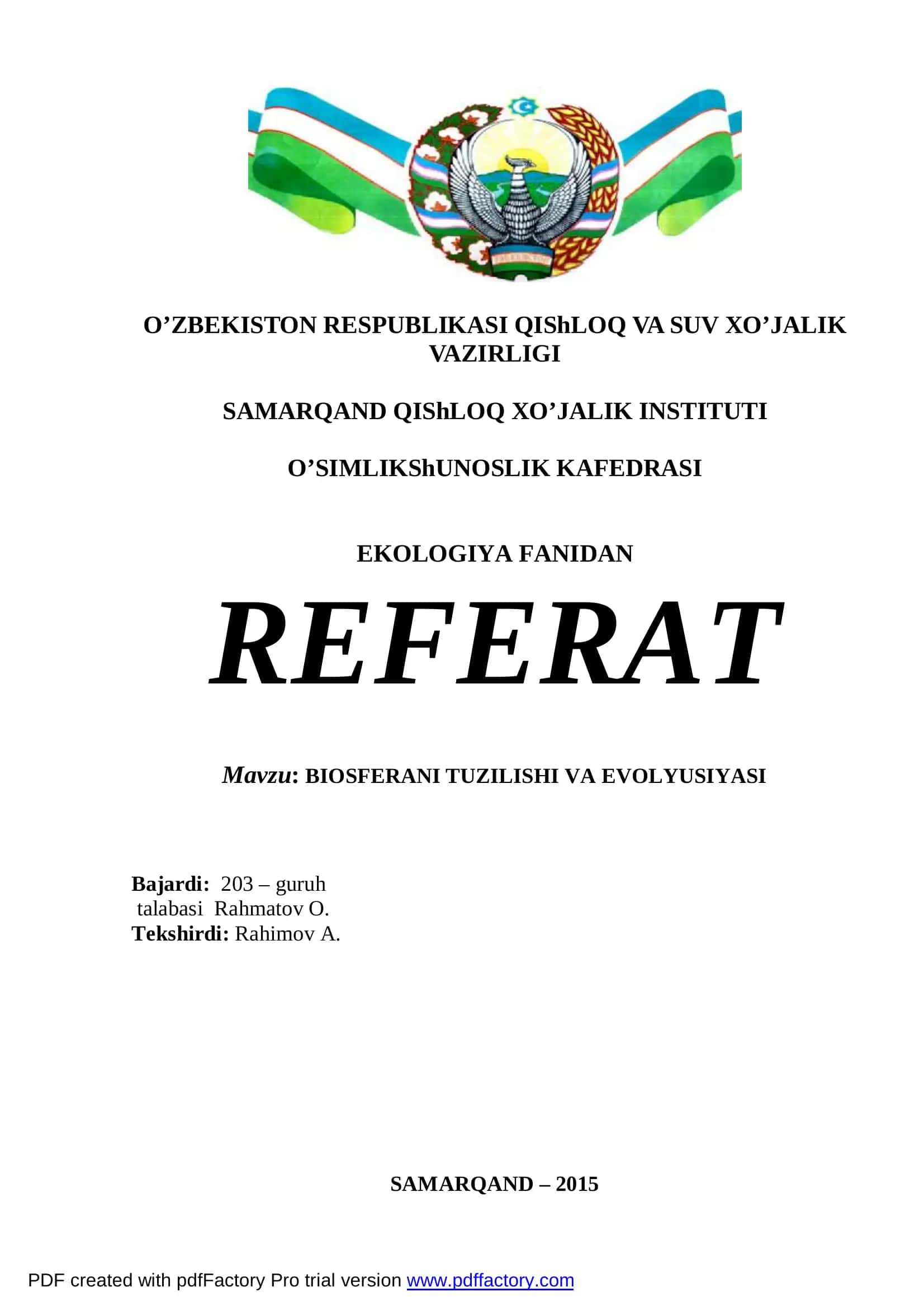 BIOSFERANI TUZILISHI VA EVOLYUSIYASI