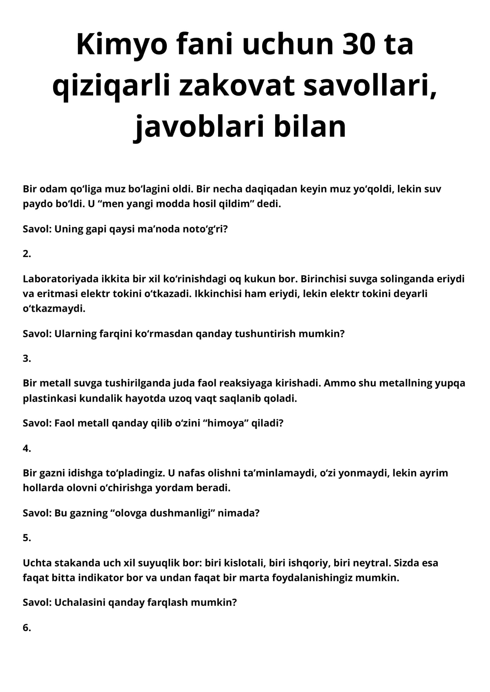 Kimyo fanidan zakovat savollari