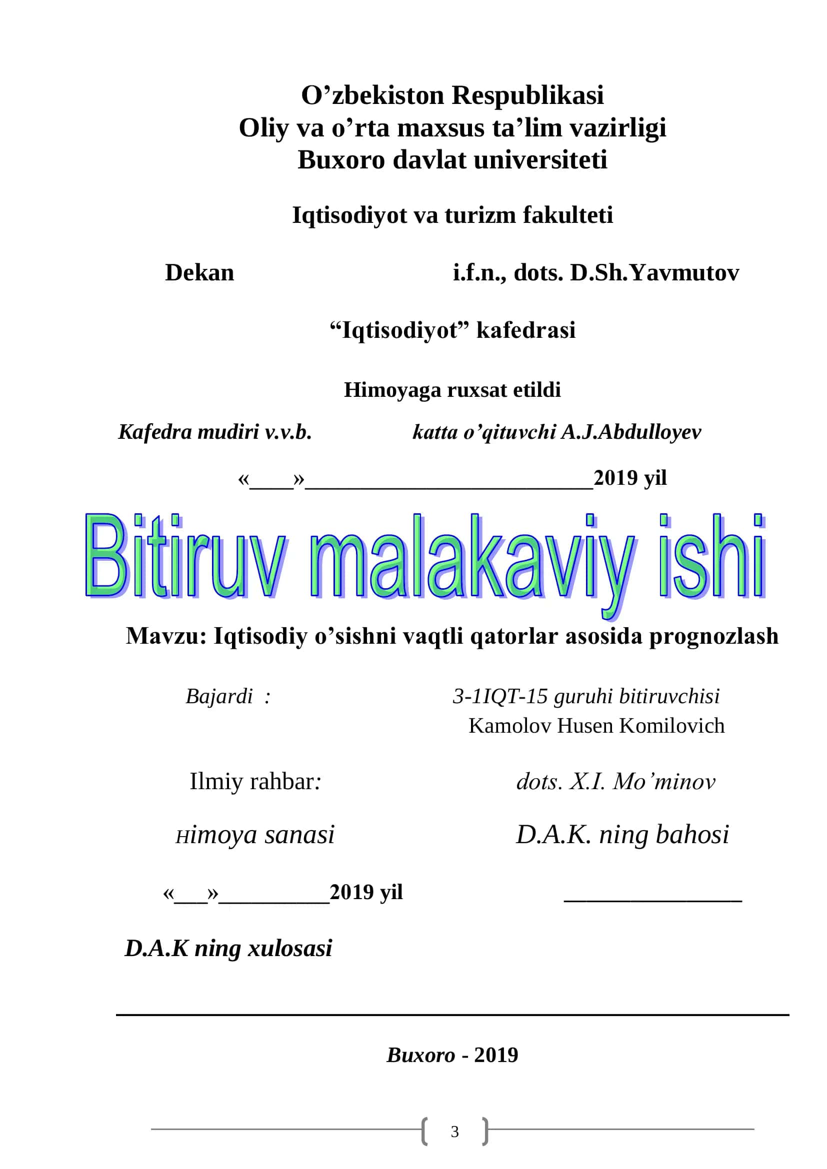 Iqtisodiy o’sishni vaqtli qatorlar asosida prognozlash