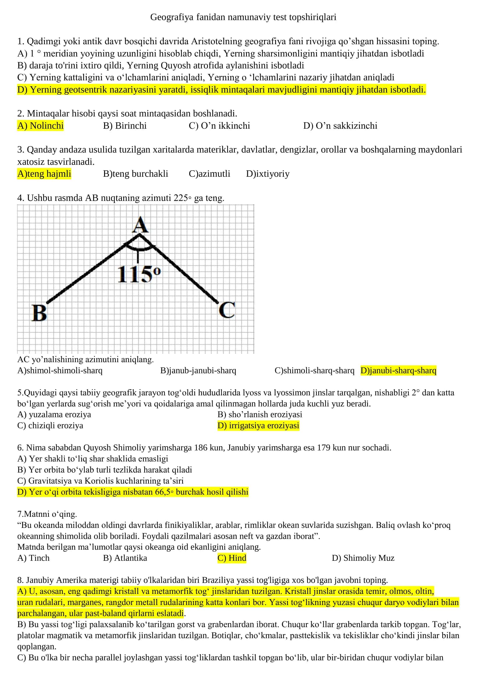 Geografiya fanidan namunaviy test topshiriqlari