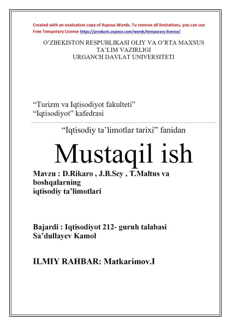 D.Rikaro , J.B.Sey , T.Maltus va boshqalarning  iqtisodiy ta’limotlari