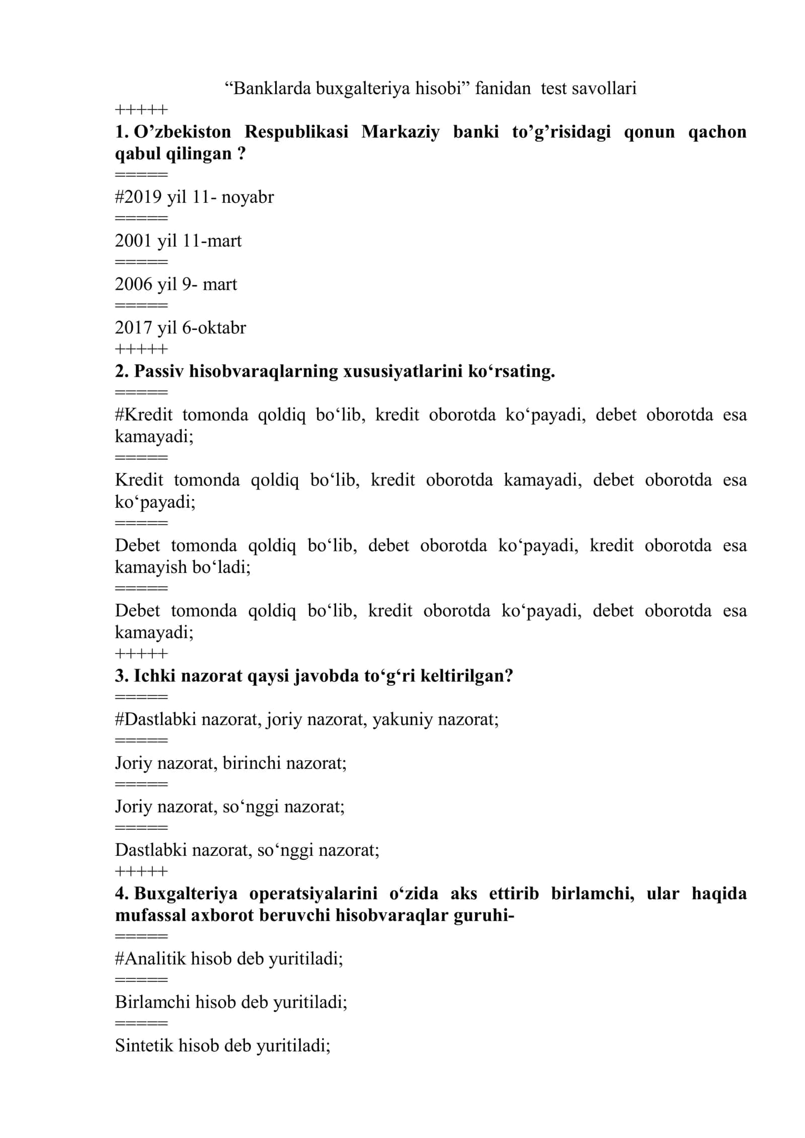 Banklarda buxgalteriya hisobi fanidan test savollari