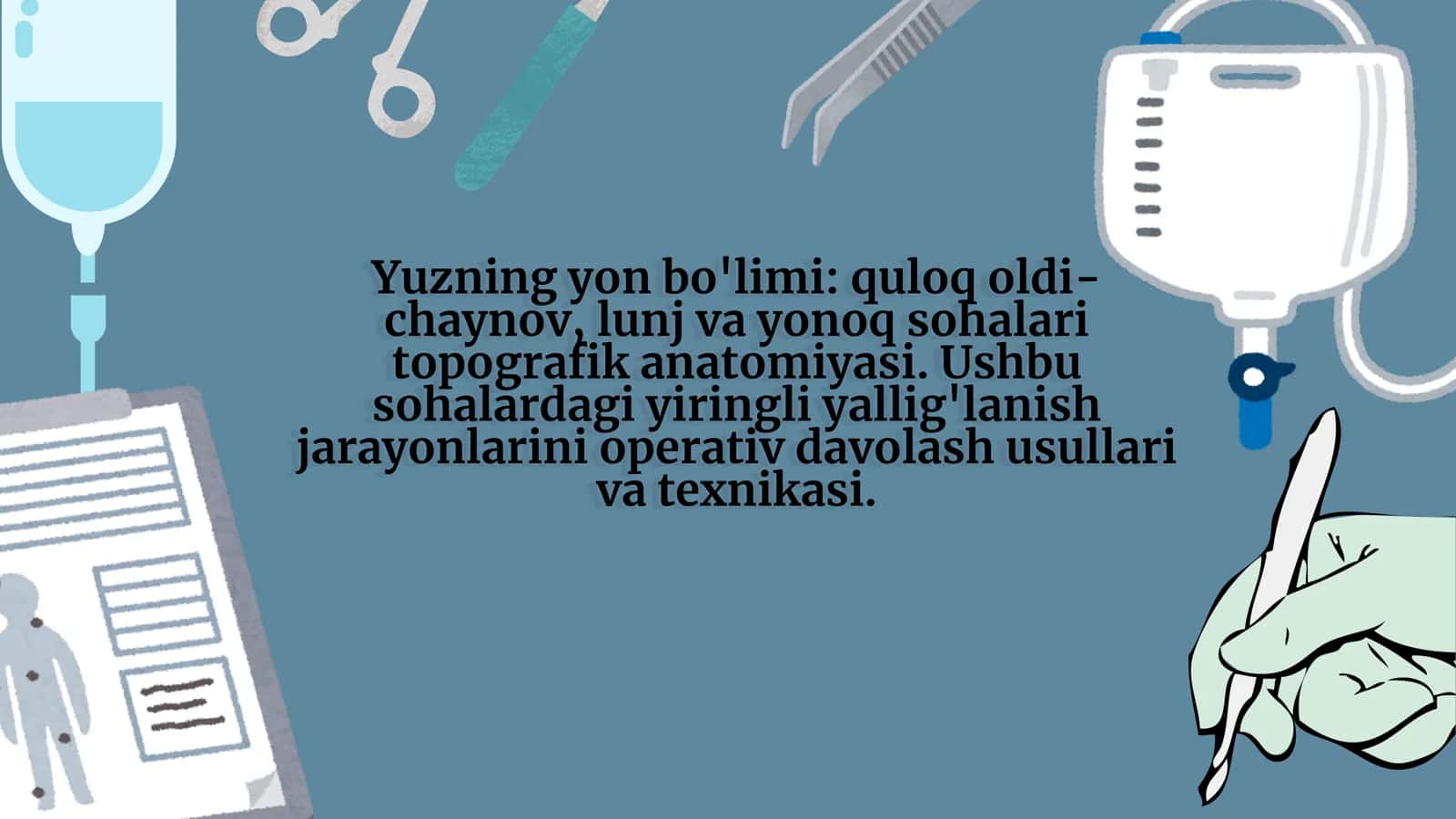 Yuzning yon bo'limi: quloq oldi- chaynov, lunj va yonoq sohalari topografik anatomiyasi. Ushbu sohal