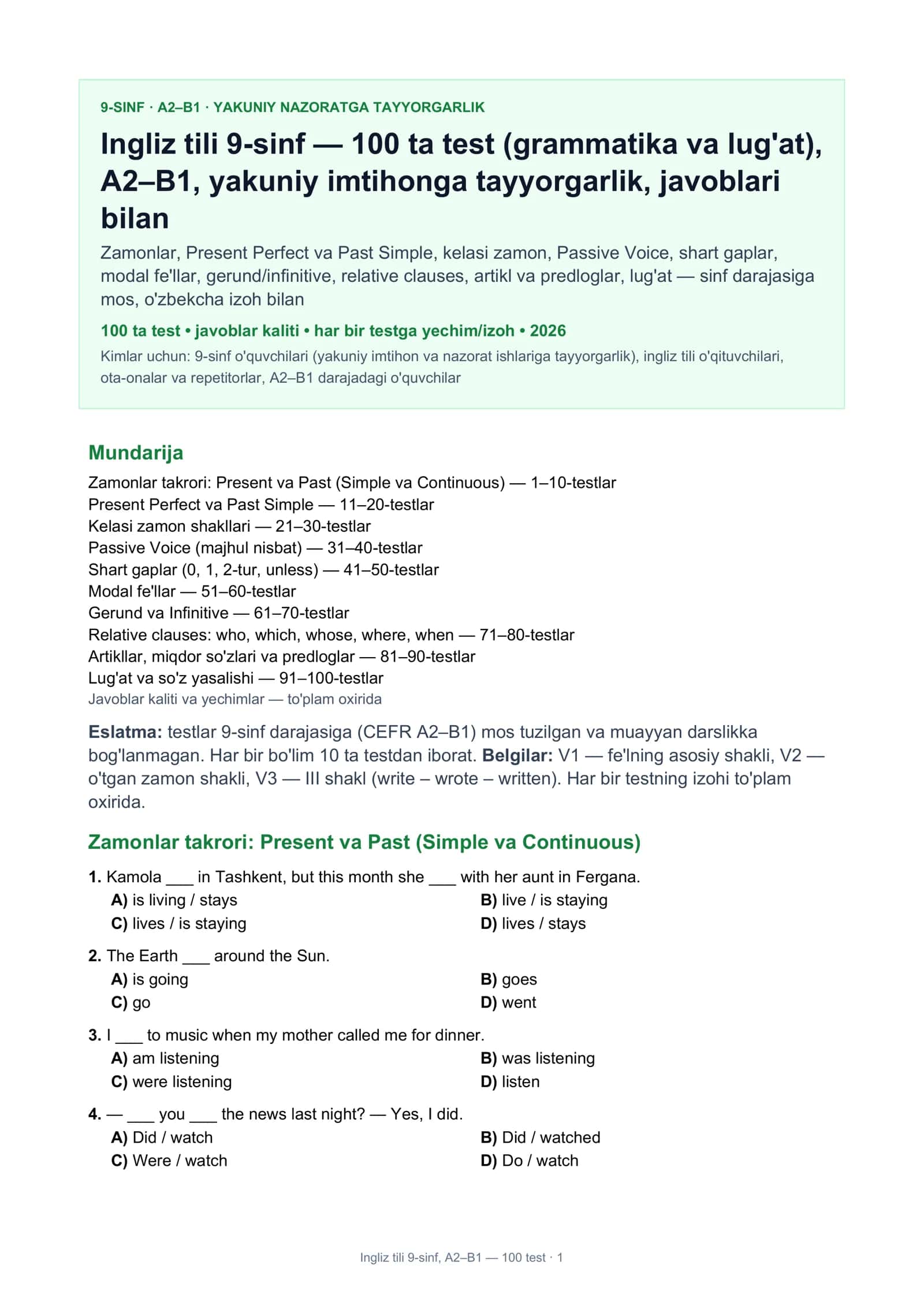 Ingliz tili 9-sinf, A2–B1